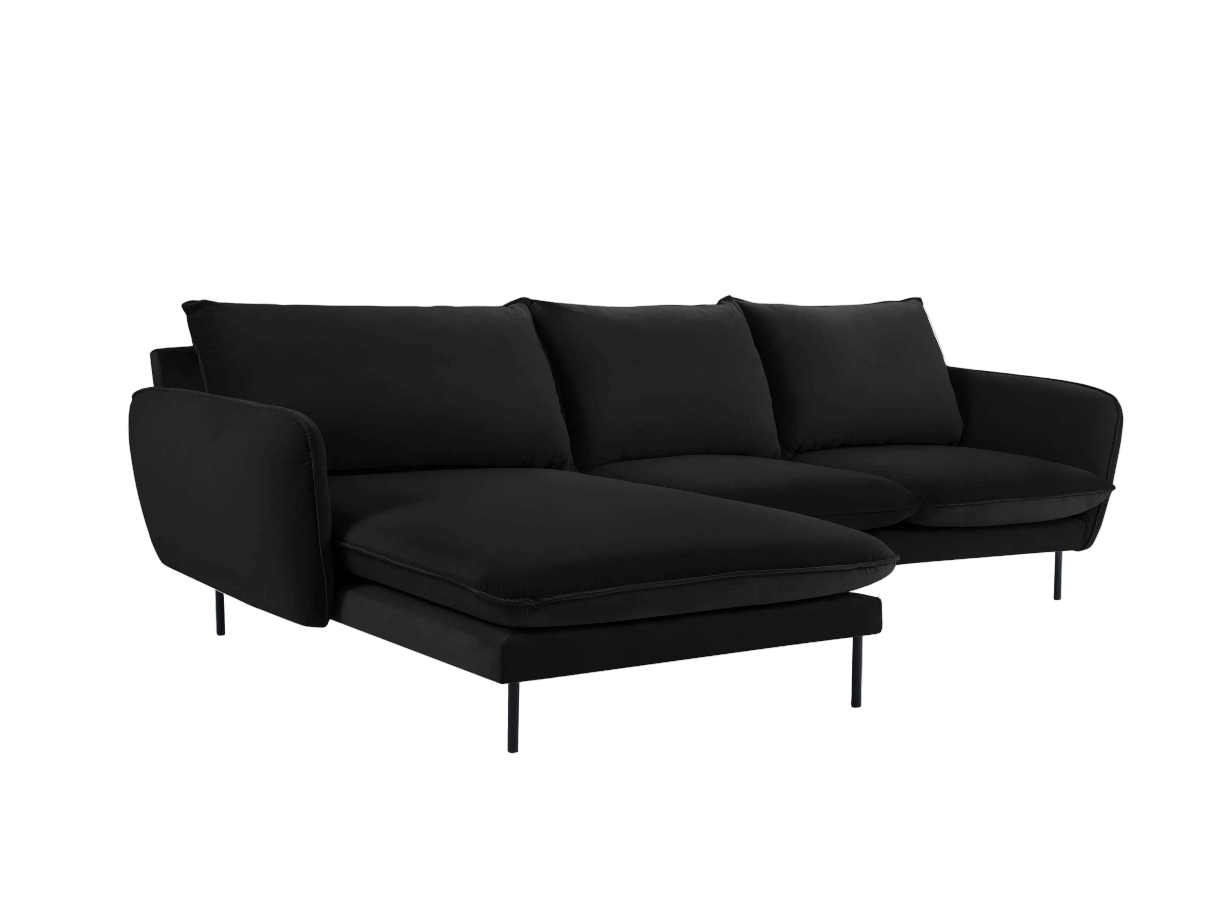 Samt-Ecksofa linksseitig für 5 Personen VIENNA schwarz mit schwarzem Sockel