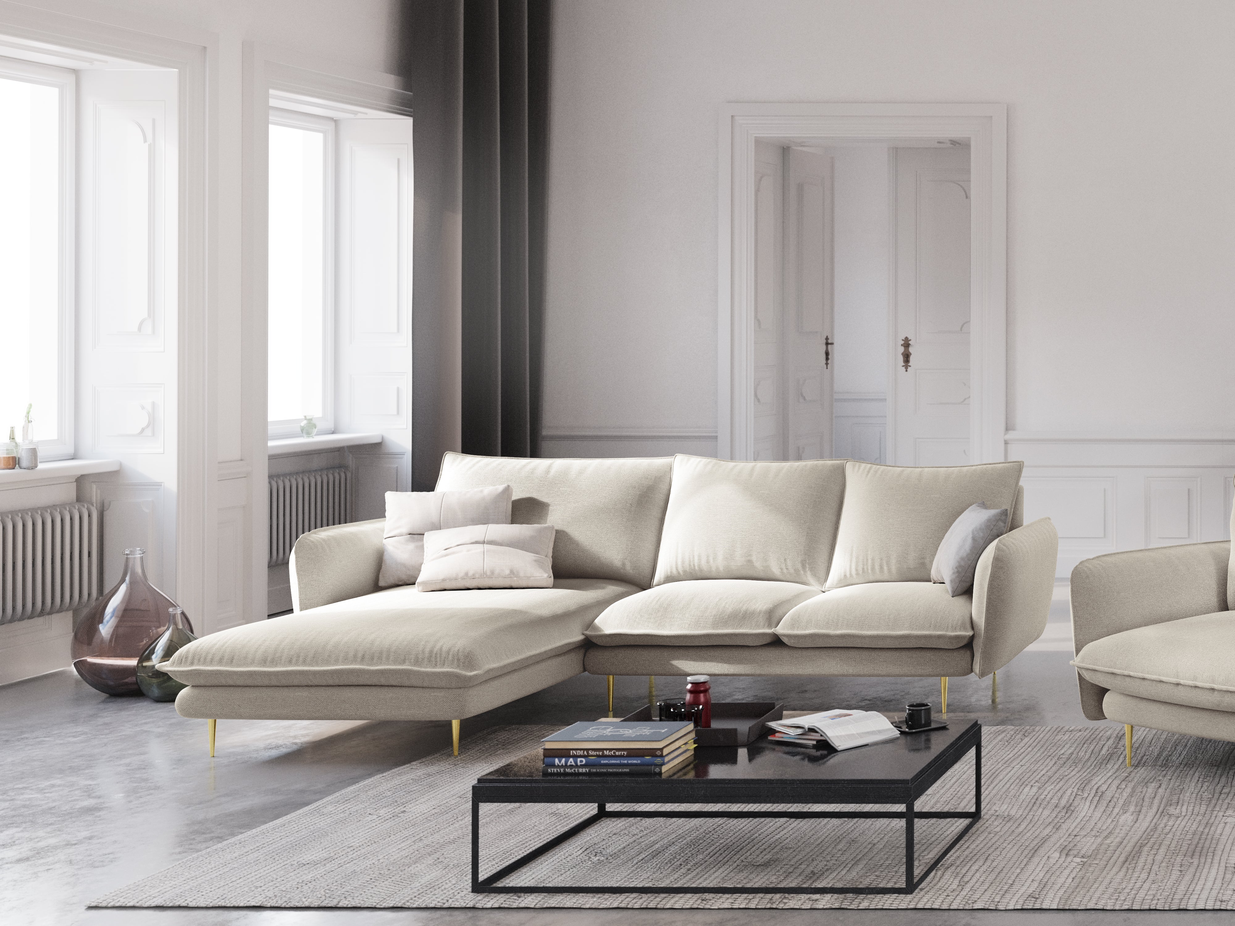 Left-facing 6-seater corner sofa VIENNA in light beige chenille with a gold base