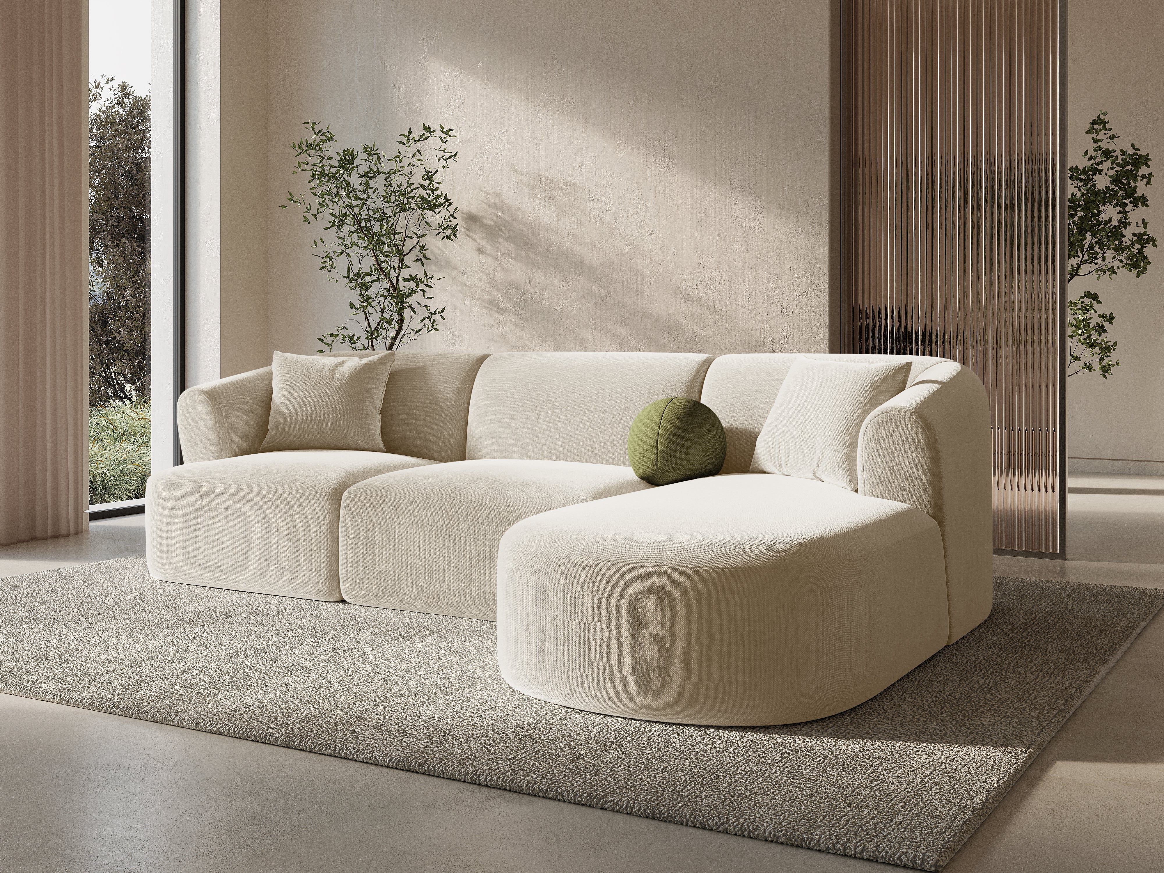 Fluwelen hoekbank rechts 4-persoons CAMPI lichtbeige