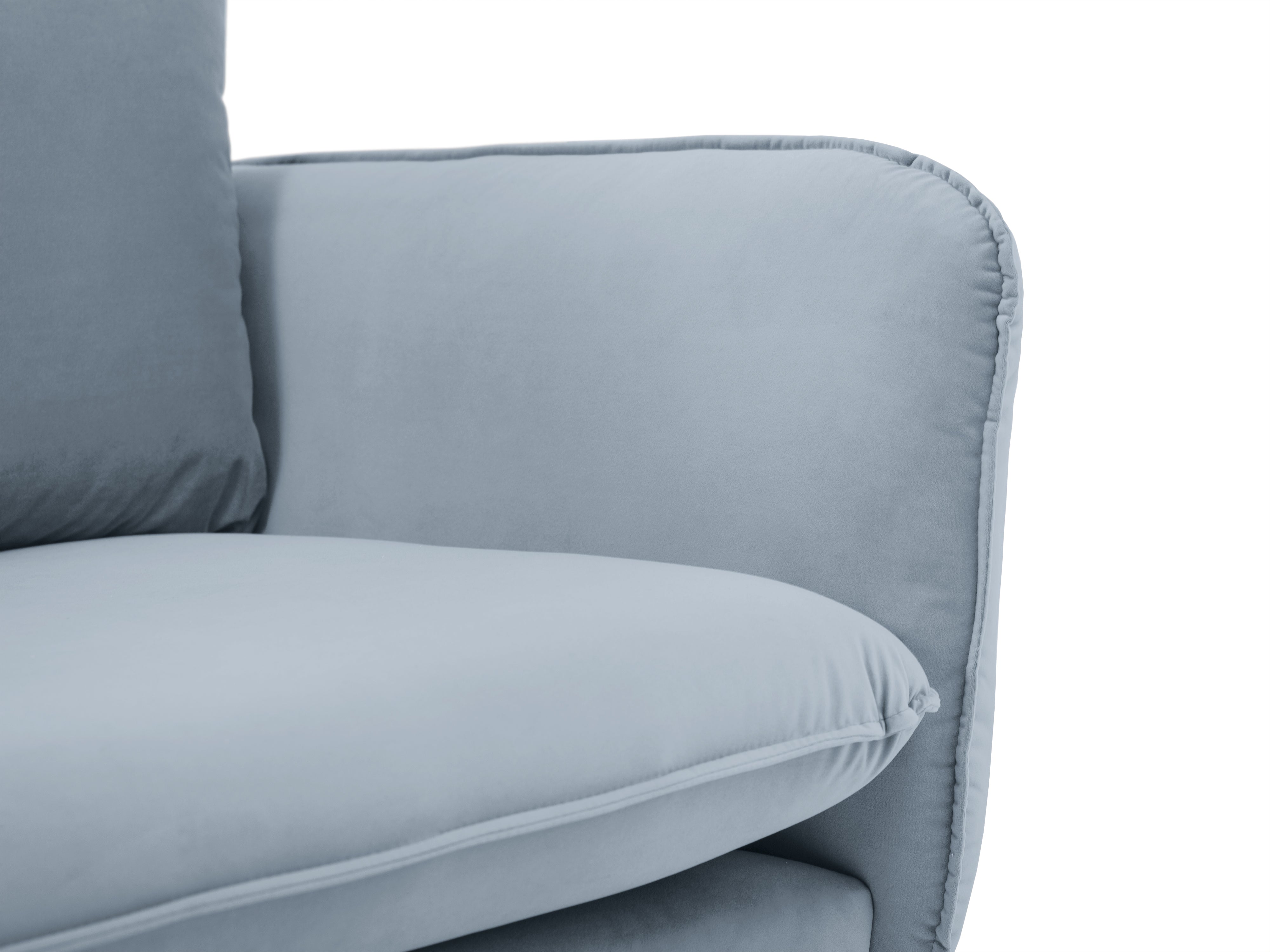 Samt-Ecksofa für 6 Personen links VIENNA hellblau mit goldenem Fuß