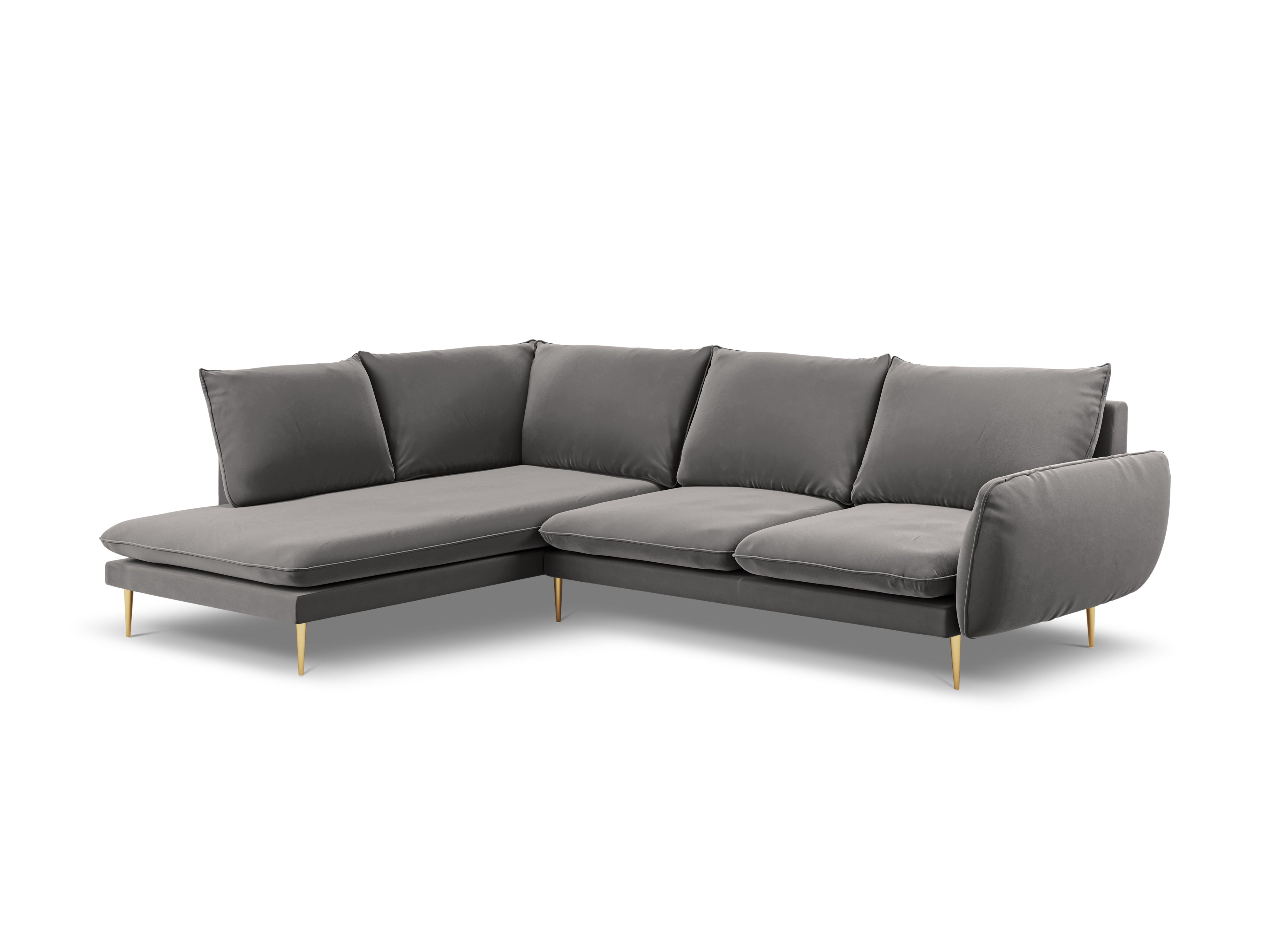 Velvet corner sofa for 6 people, left-facing VIENNA in light gray with a gold base