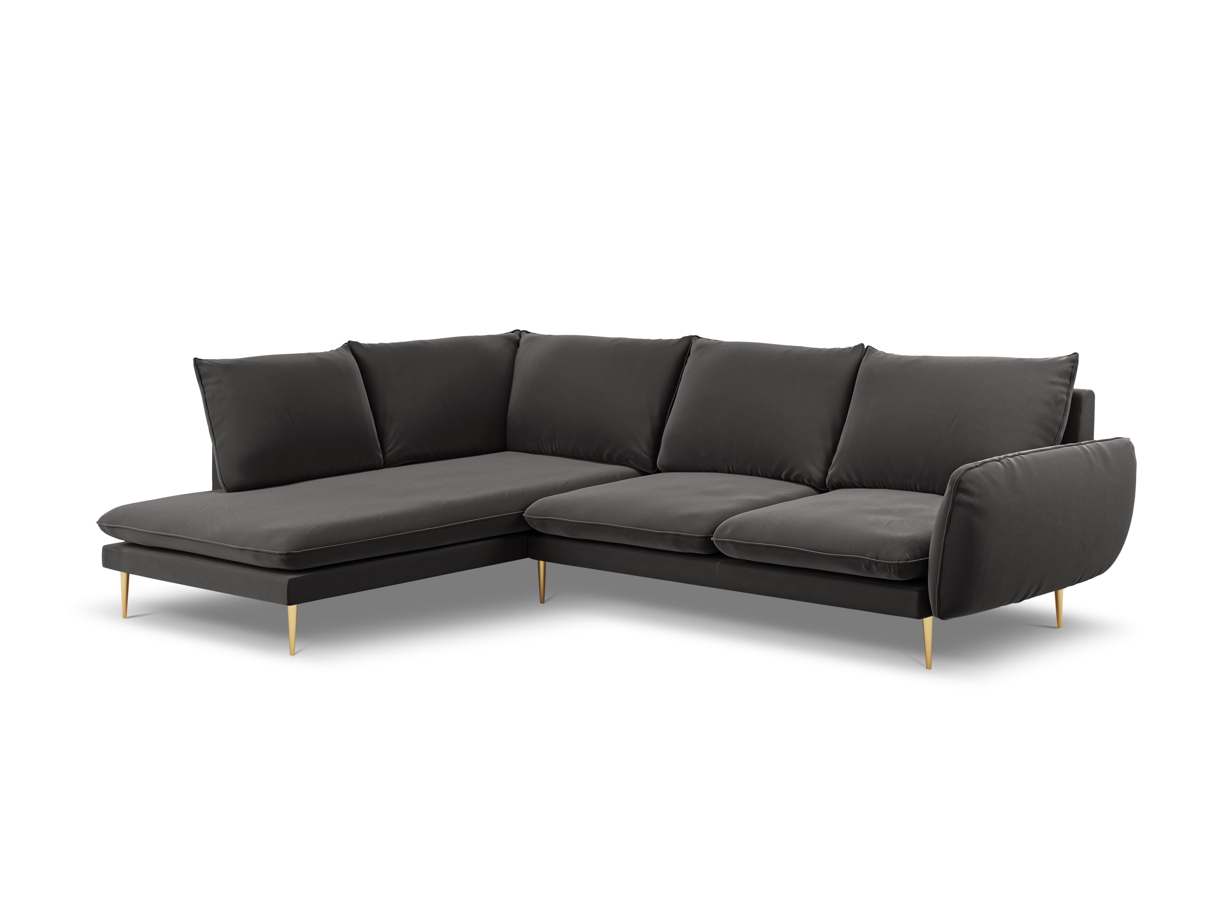 Velvet Corner Sofa for 6 People, Left Side VIENNA, Dark Gray with Gold Base