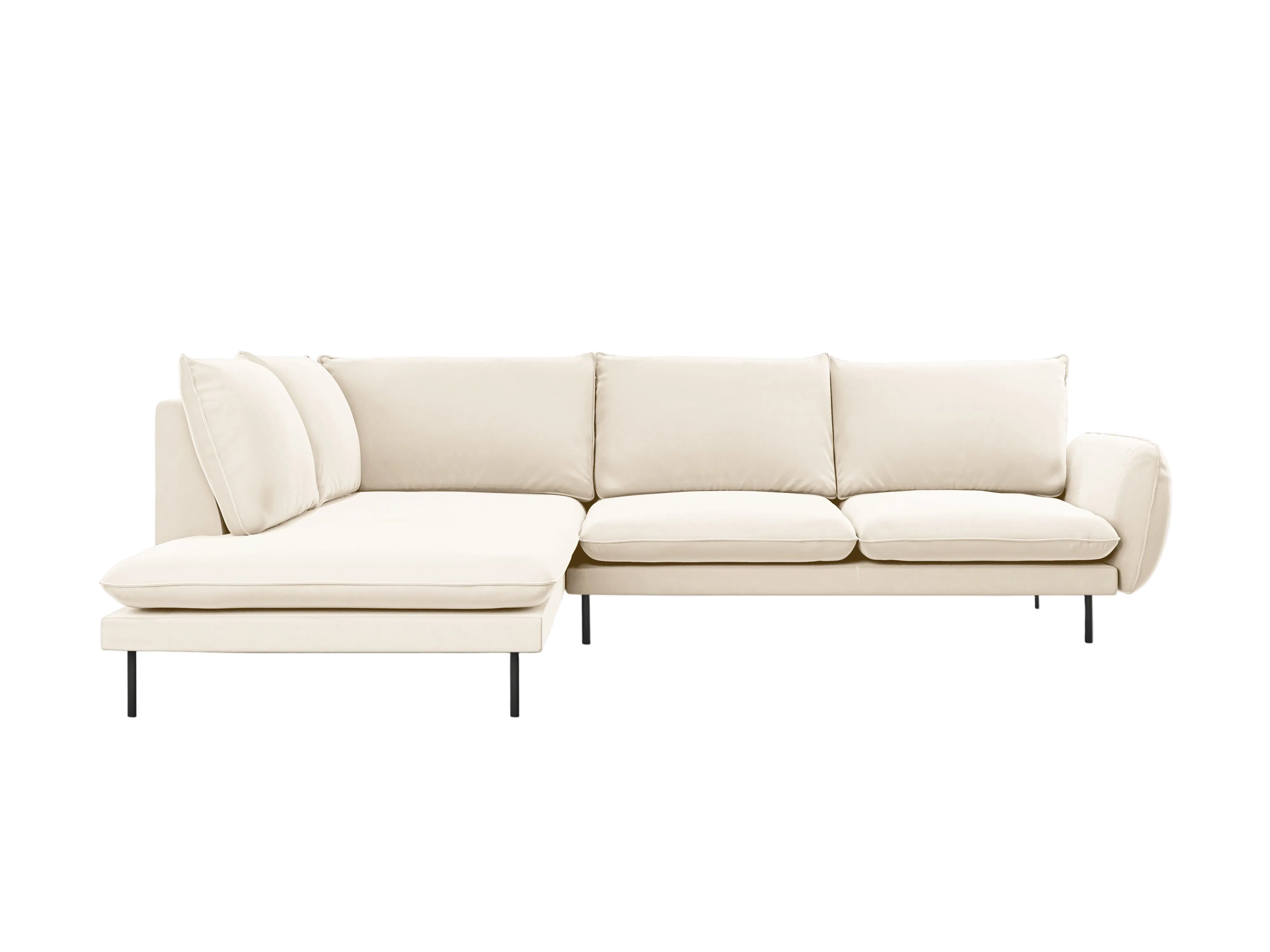 Left-facing velvet corner sofa for 5 people VIENNA in beige with a black base