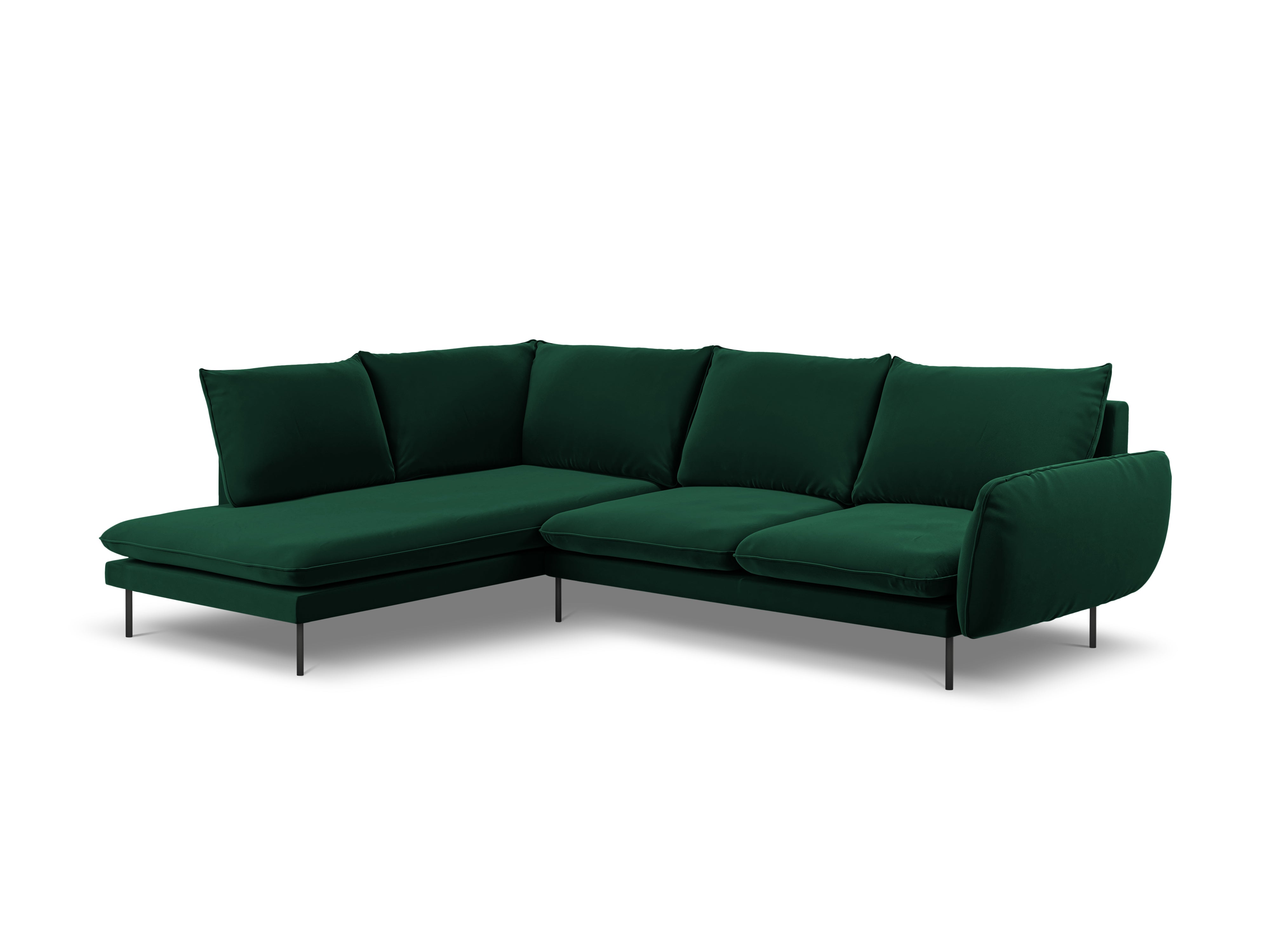 Left-facing velvet corner sofa for 5 people VIENNA in bottle green with a black base