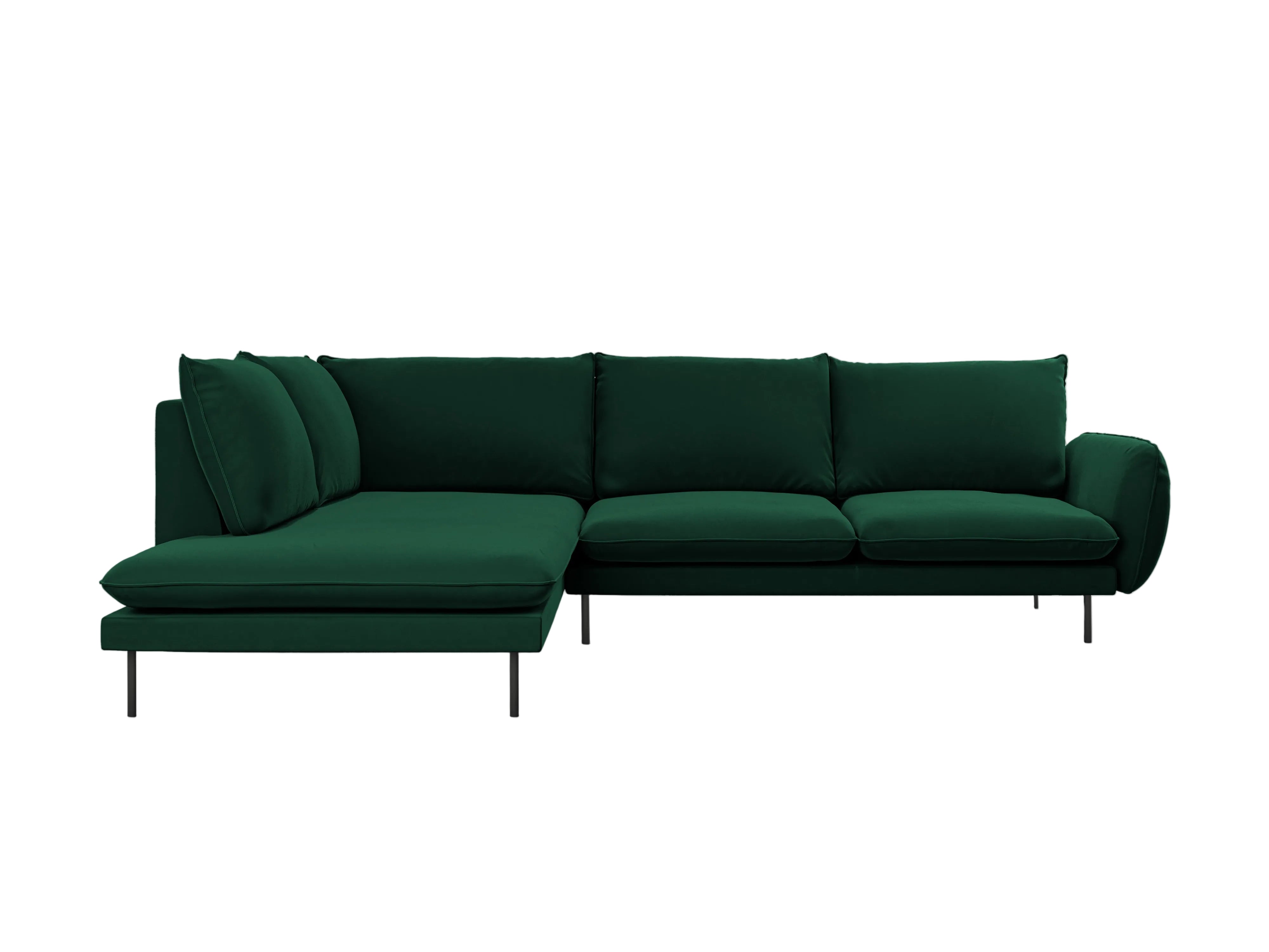 Left-facing velvet corner sofa for 5 people VIENNA in bottle green with a black base