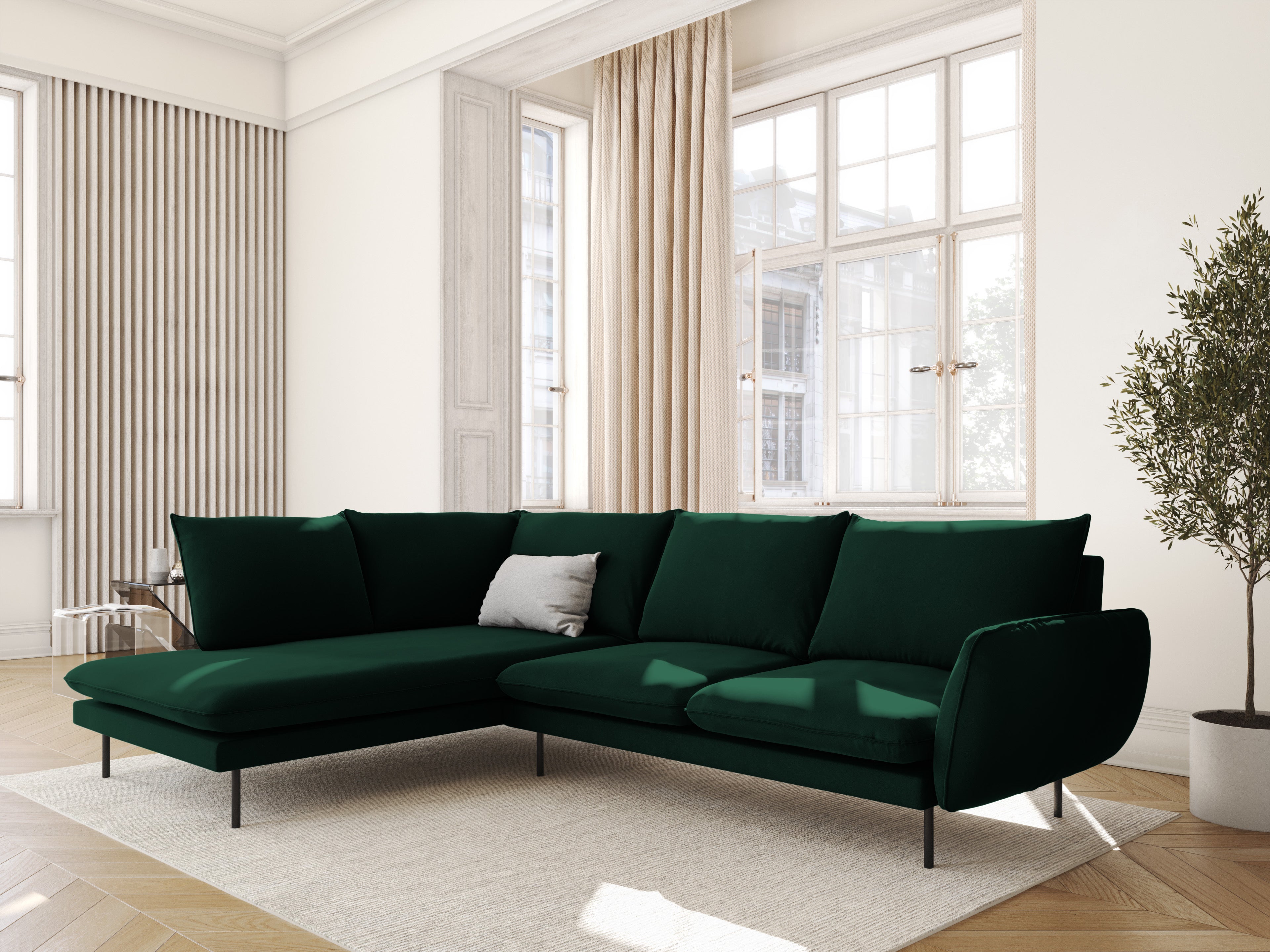 Left-facing velvet corner sofa for 5 people VIENNA in bottle green with a black base