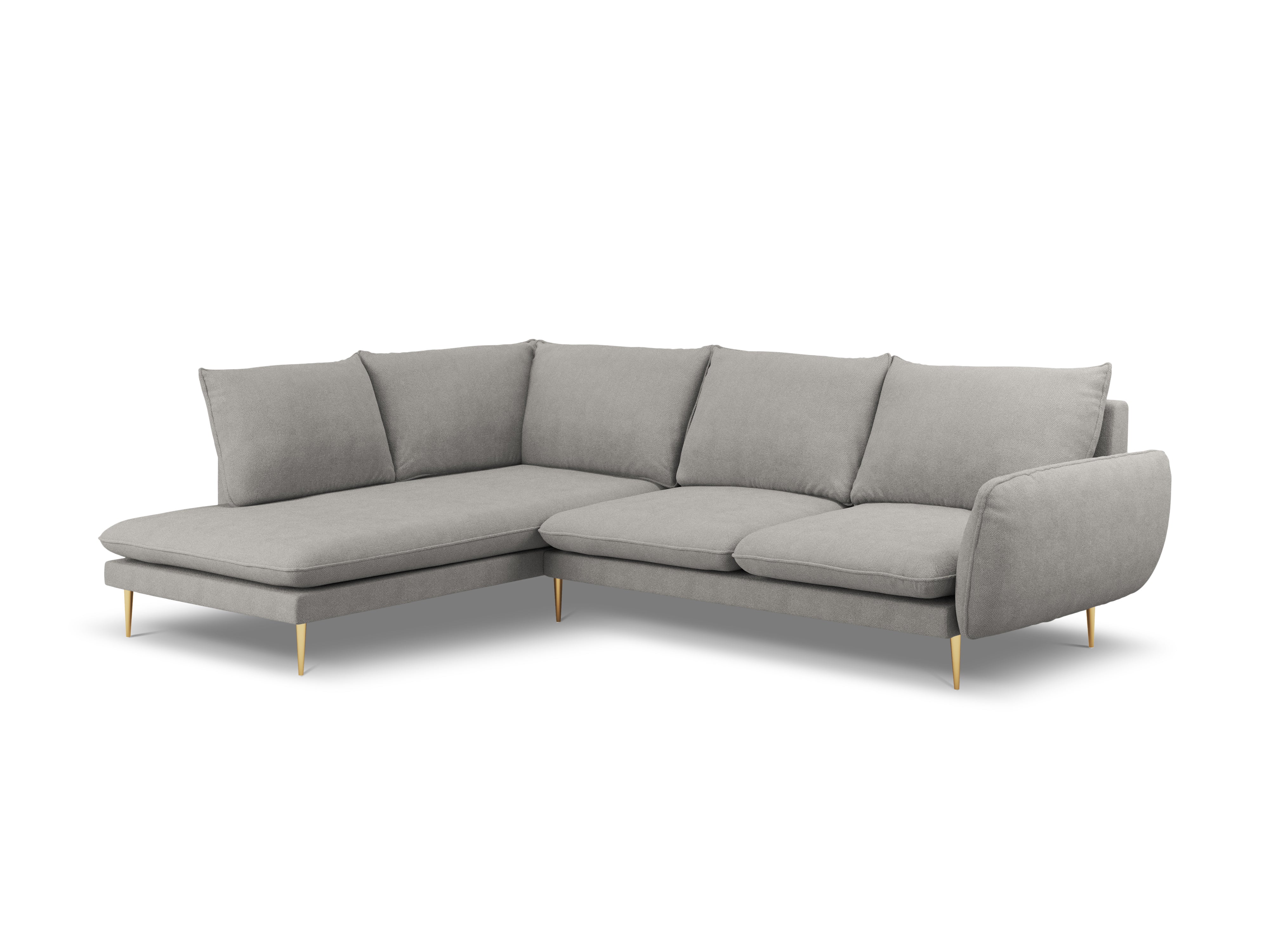 Left-facing 6-seater corner sofa VIENNA in light gray chenille with a gold base