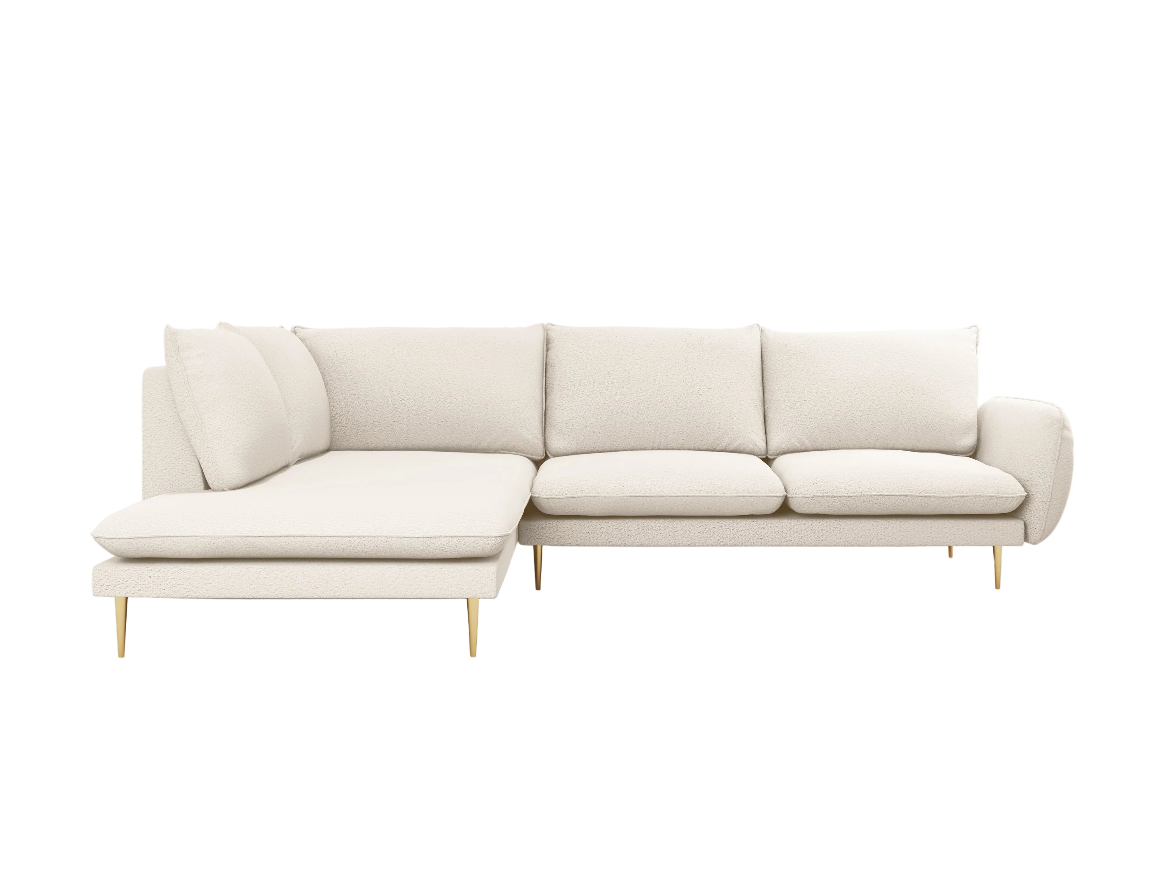 Left-facing 6-seater corner sofa VIENNA in beige boucle with a gold base