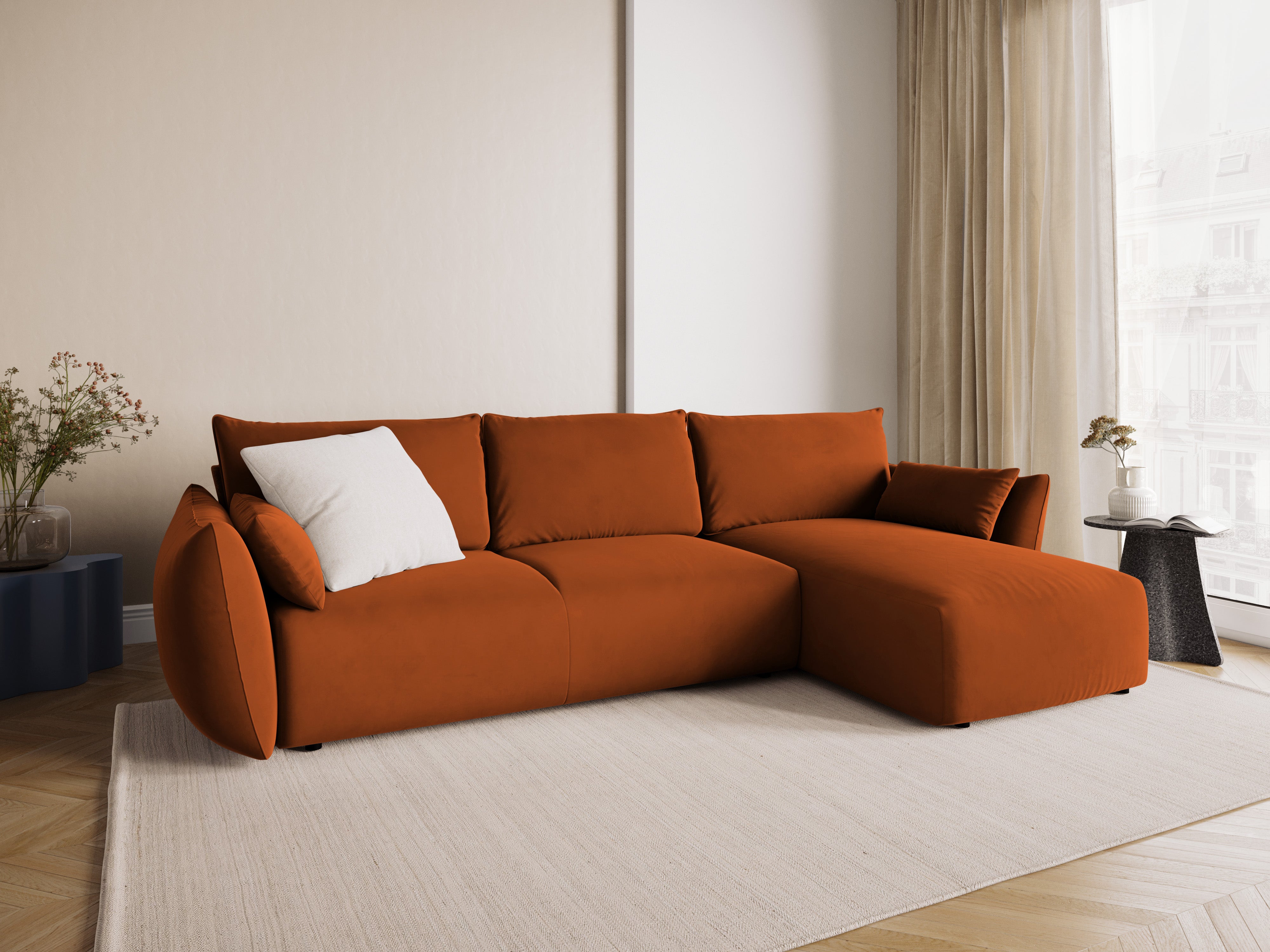 Right-facing velvet corner sofa with sleeping function MATERA brick