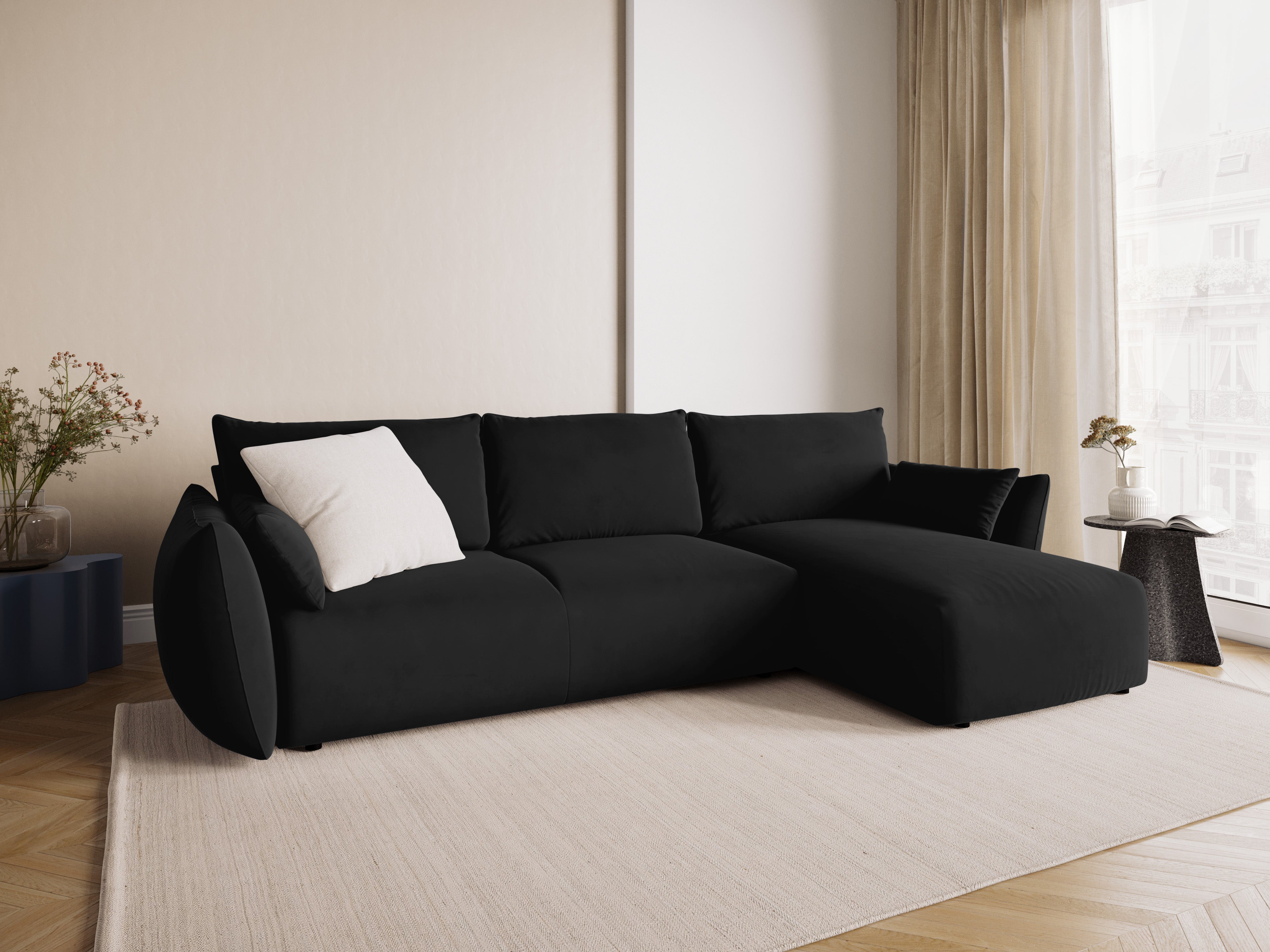 Right-facing velvet corner sofa with sleeping function MATERA black