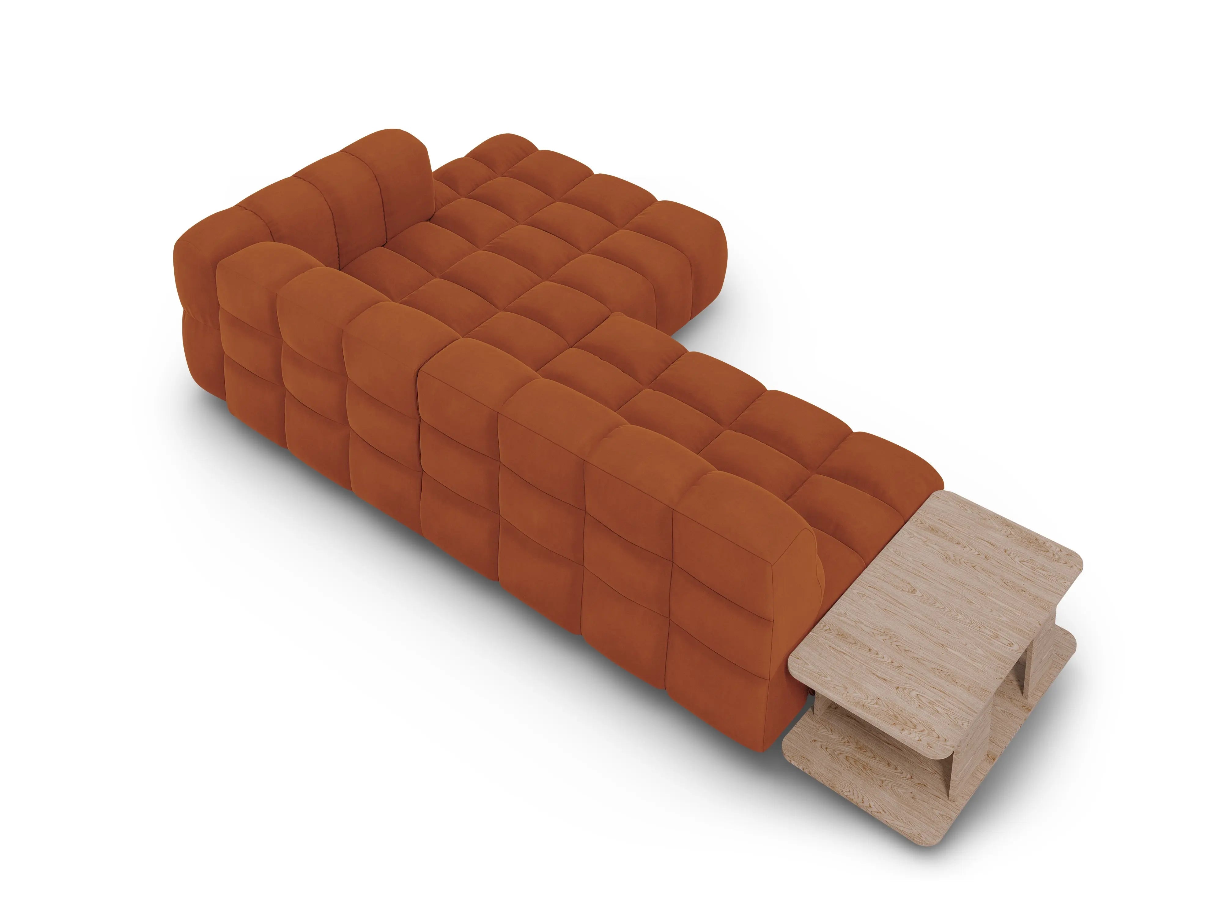 Narożnik aksamitny prawostronny 4-osobowy otwarty ze stolikiem SKY terracotta – sofa narożna
