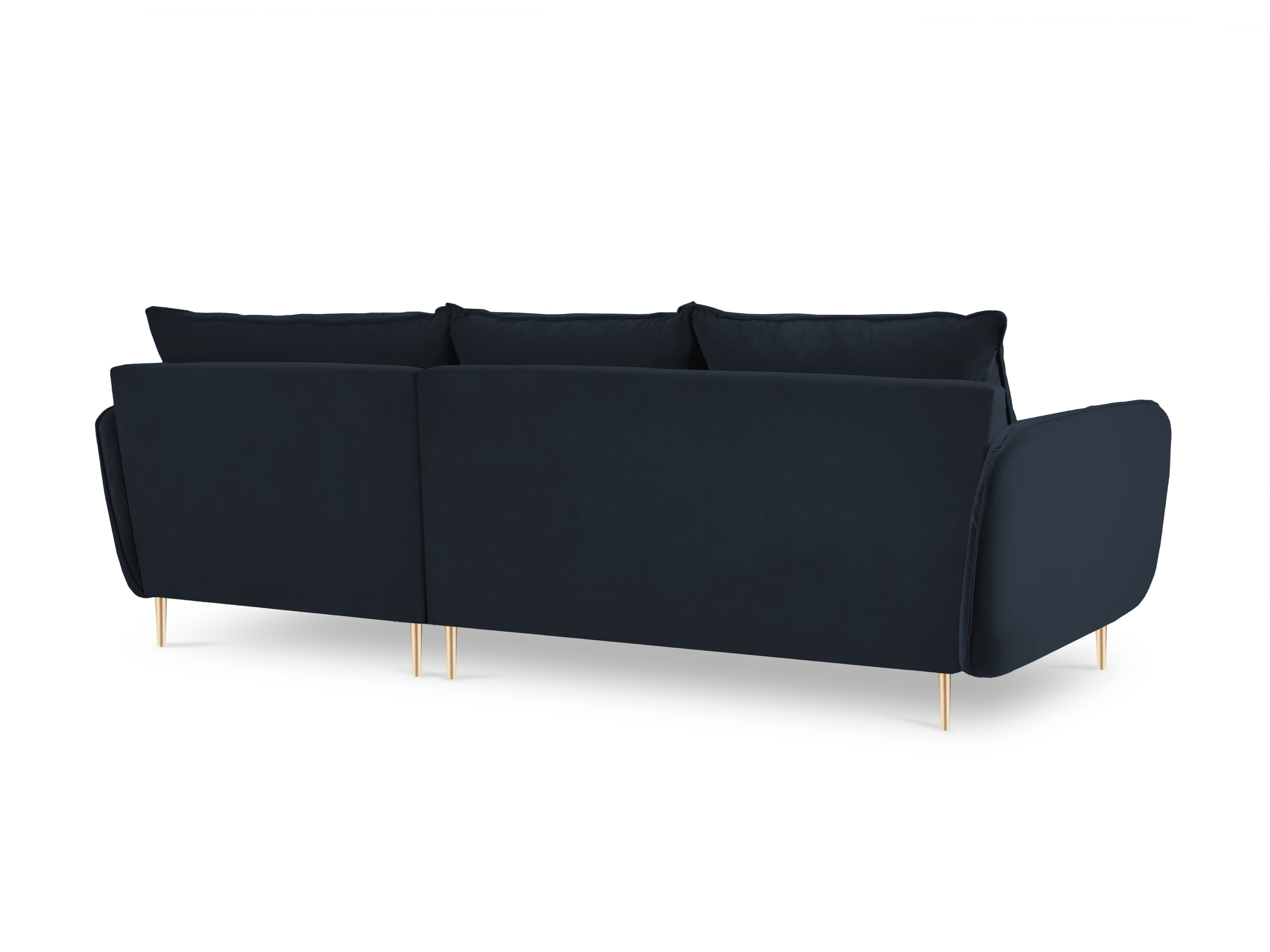 Velvet corner sofa, right-facing, 5-seater VIENNA in dark blue with a gold base