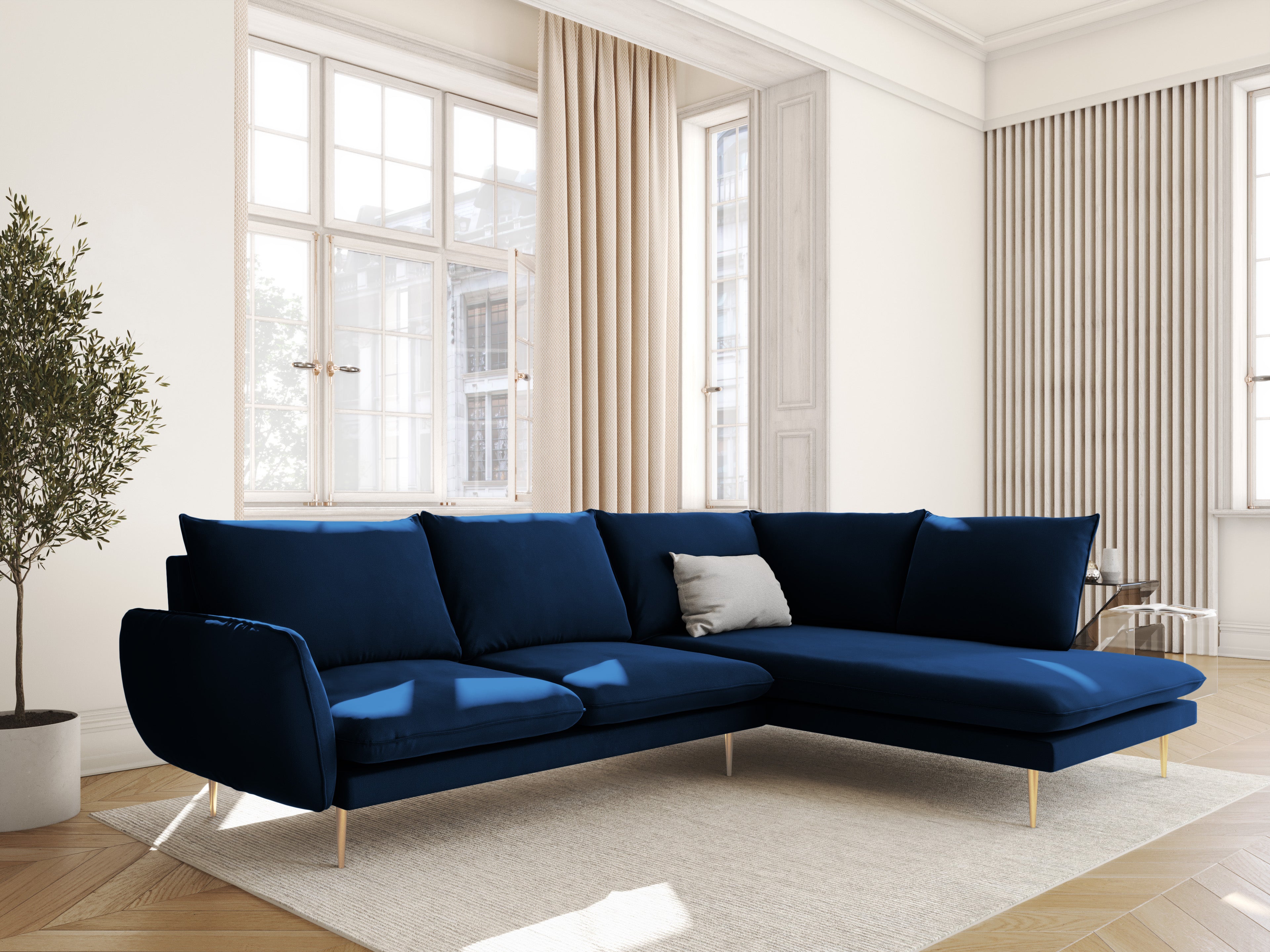 Velvet corner sofa for 6 people, right-facing, VIENNA, royal blue with a gold base