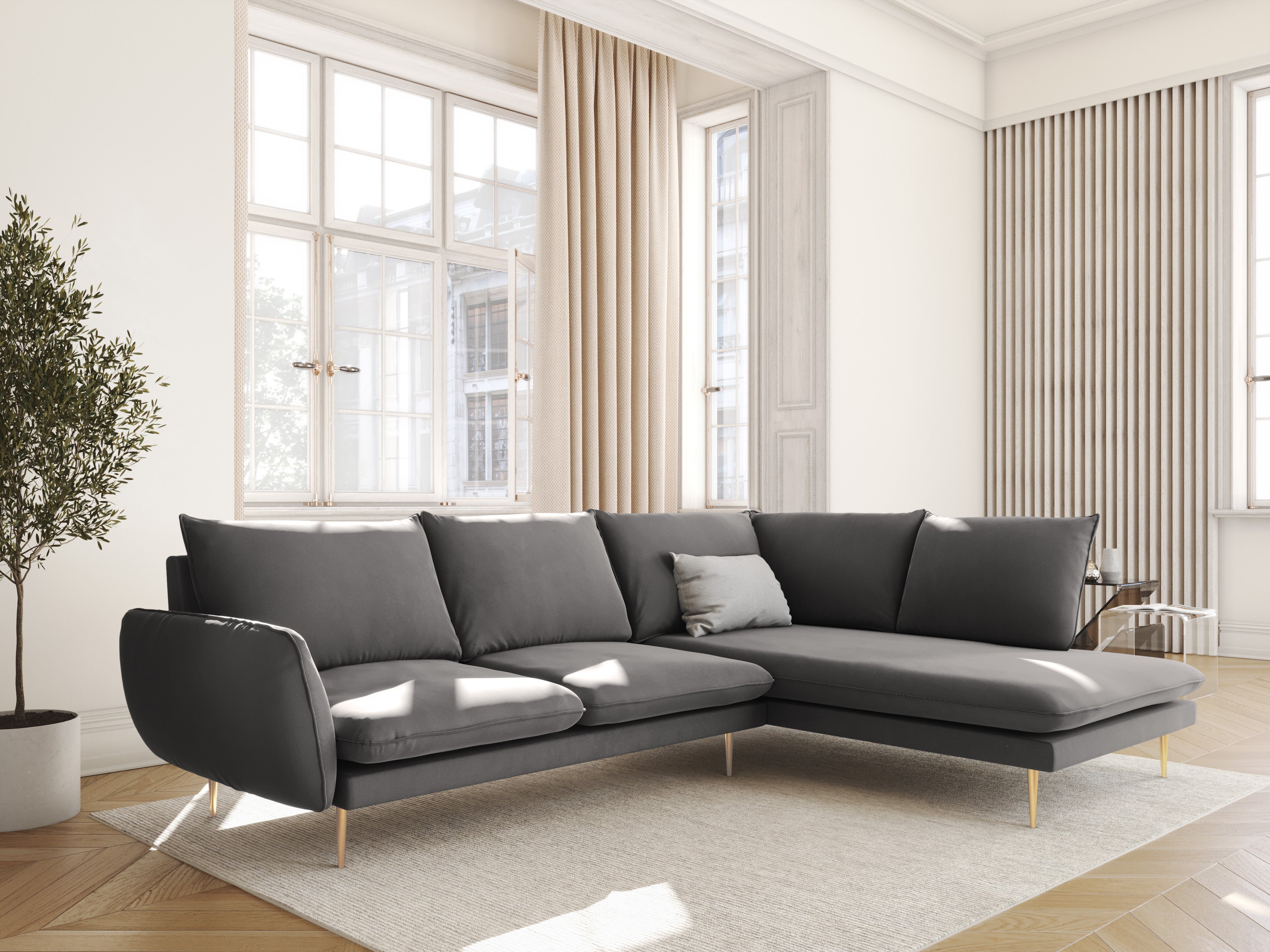 Velvet corner sofa, right-facing, 5-seater VIENNA in light gray with a gold base