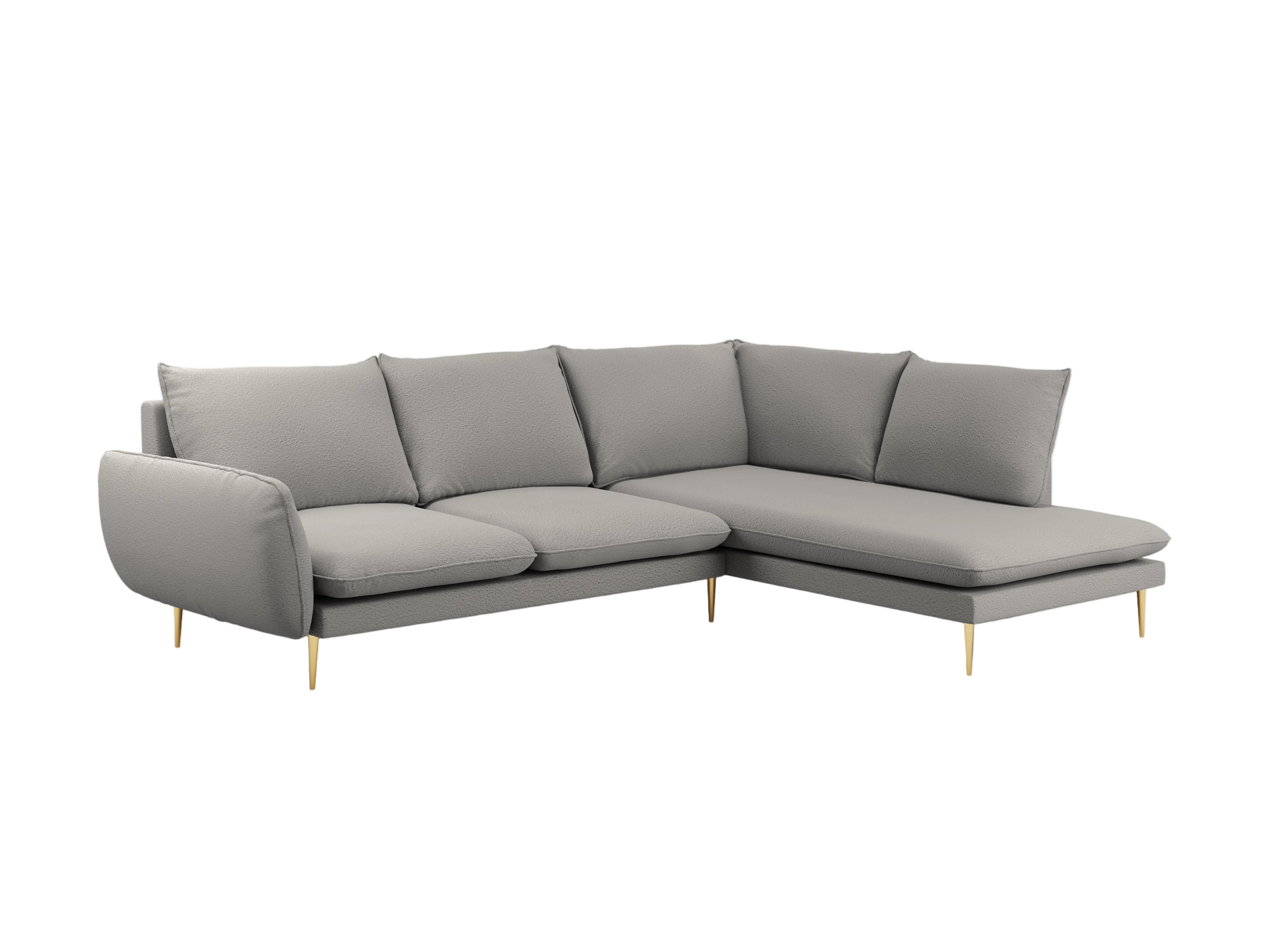 Right-facing 6-seater corner sofa VIENNA in gray boucle with a gold base