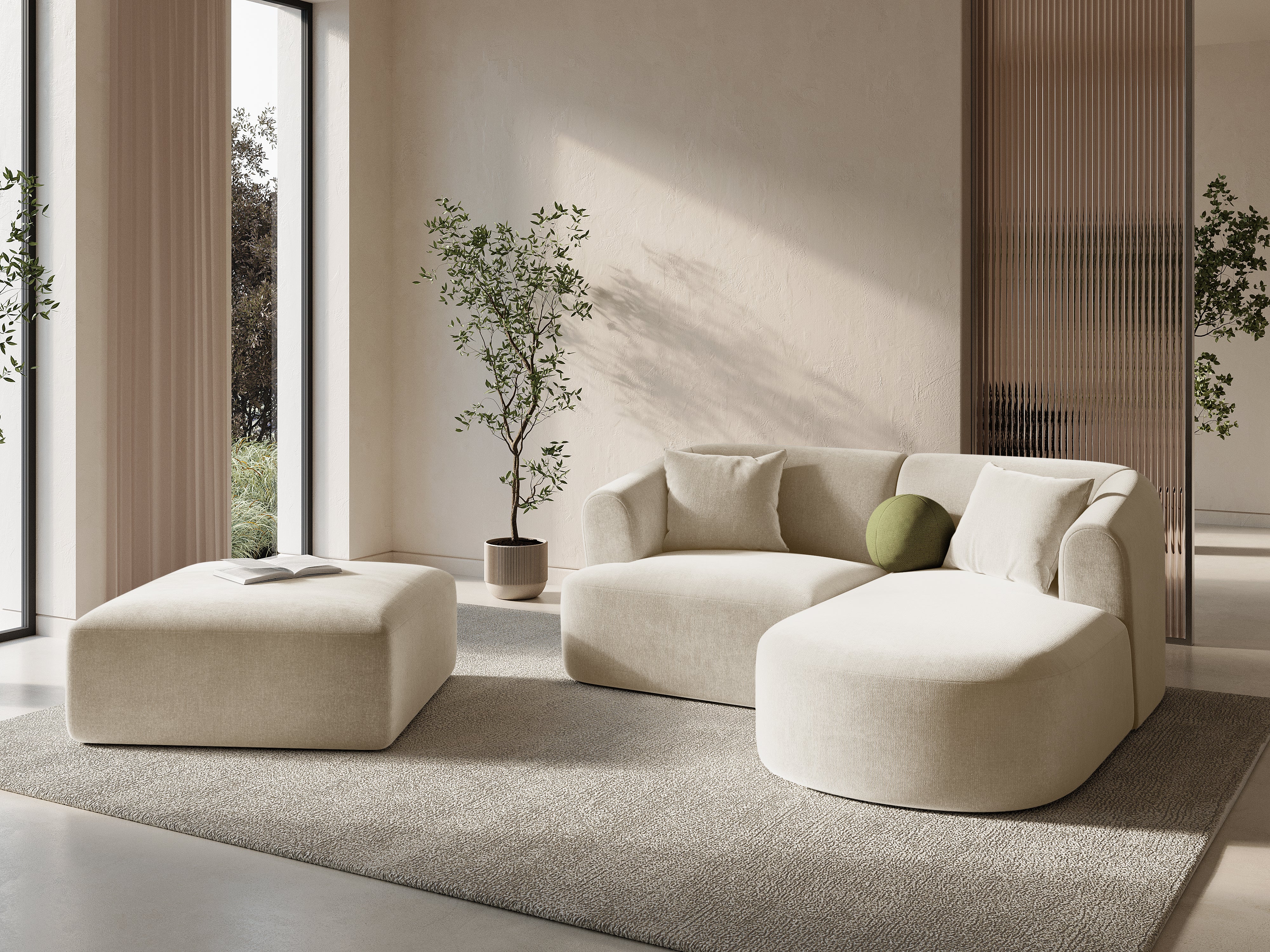 Fluwelen hoekbank rechts 3-zits CAMPI lichtbeige