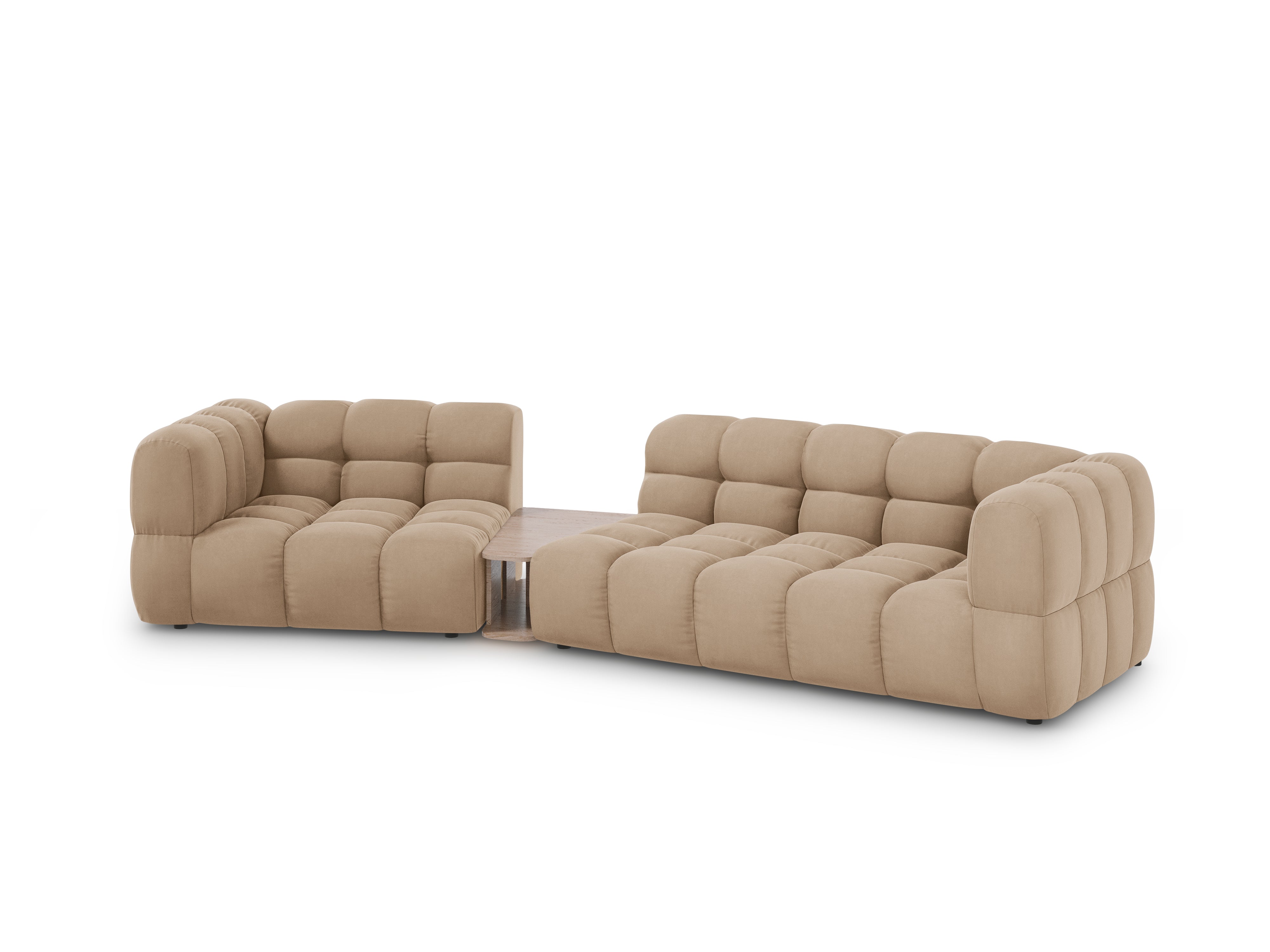 Sofa aksamitna lewostronna 3-osobowa zaokrąglona ze stolikiem SKY piaskowy Cosmopolitan Design Eye on Design