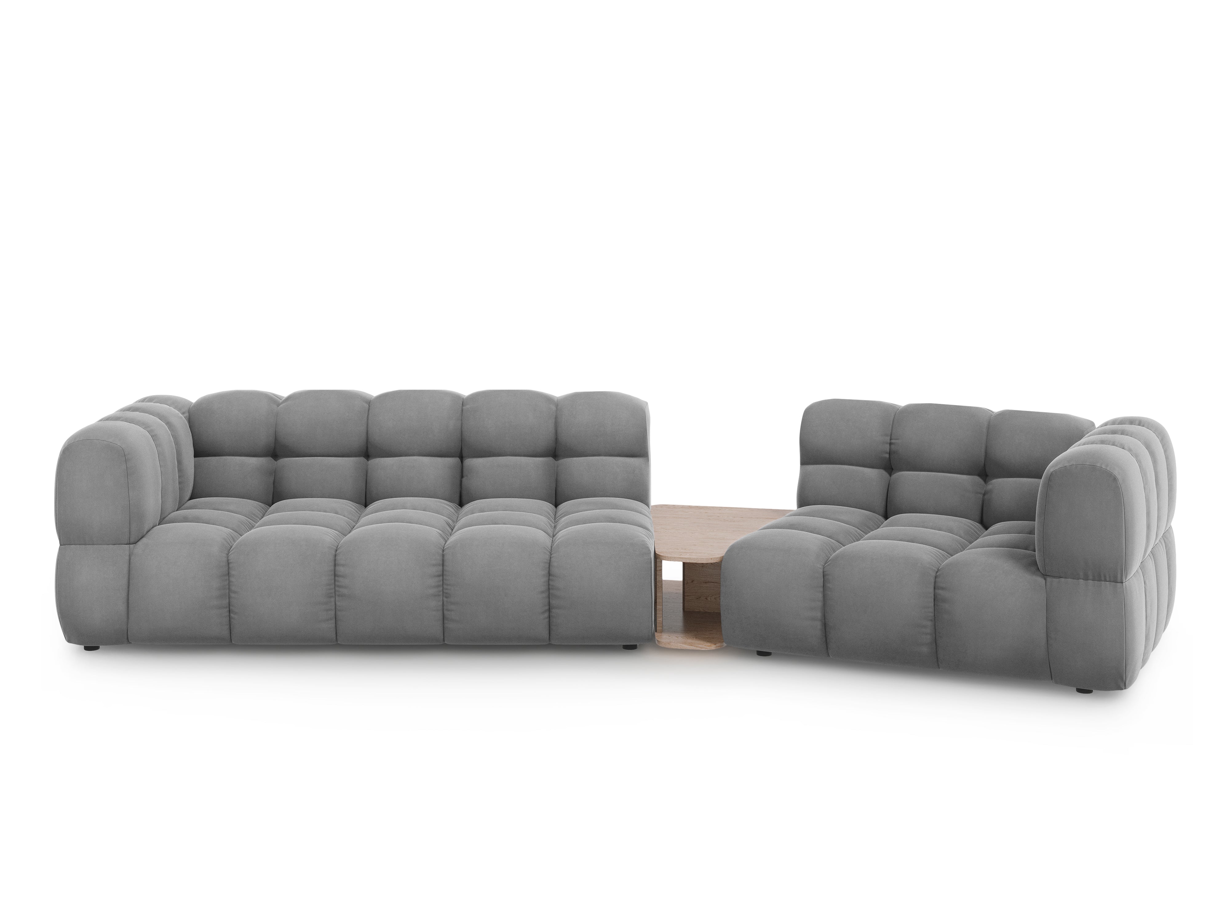Sofa aksamitna prawostronna 3-osobowa zaokrąglona ze stolikiem SKY jasnoszary Cosmopolitan Design Eye on Design