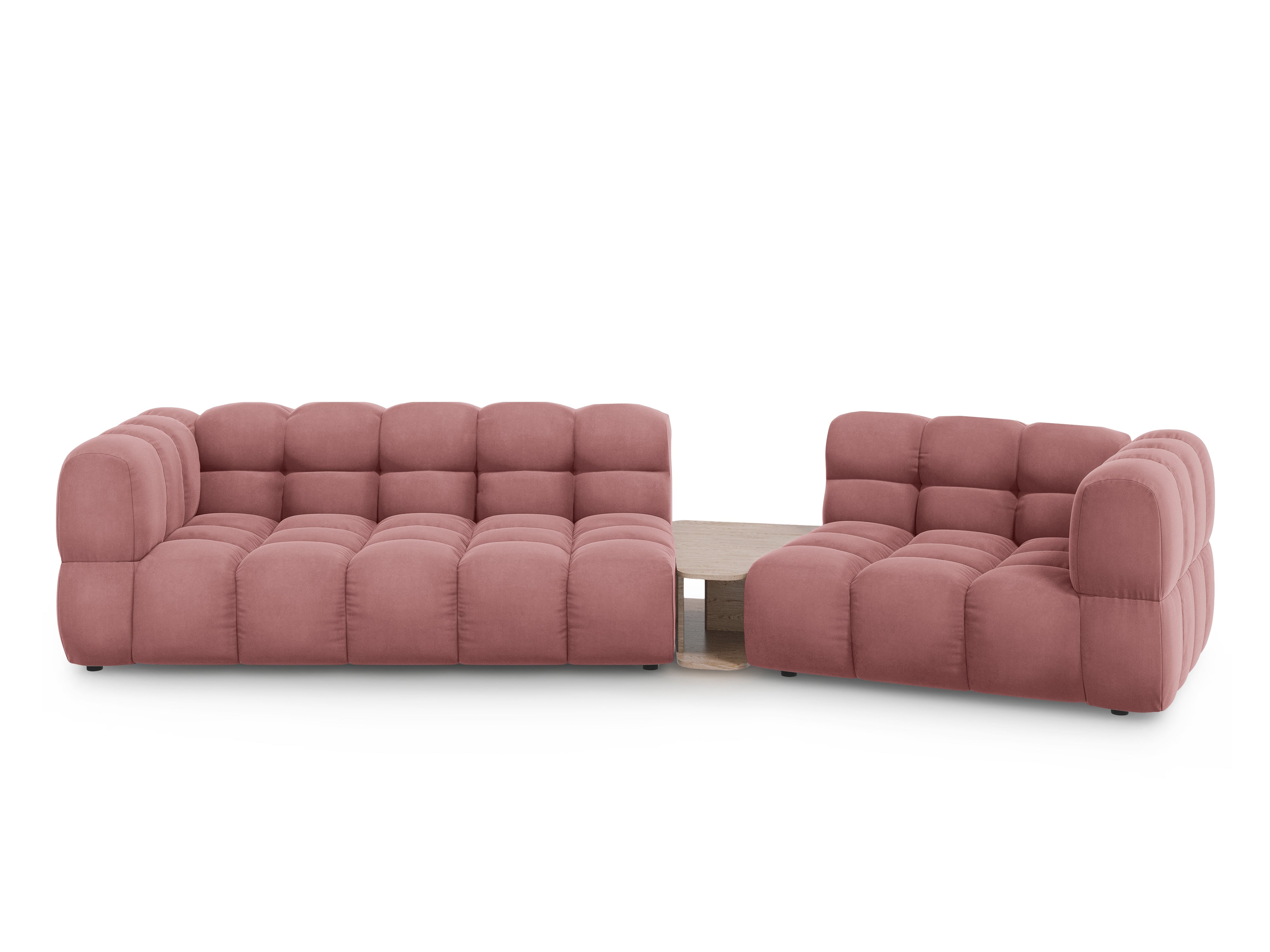 Sofa aksamitna prawostronna 3-osobowa zaokrąglona ze stolikiem SKY łososiowa Cosmopolitan Design Eye on Design