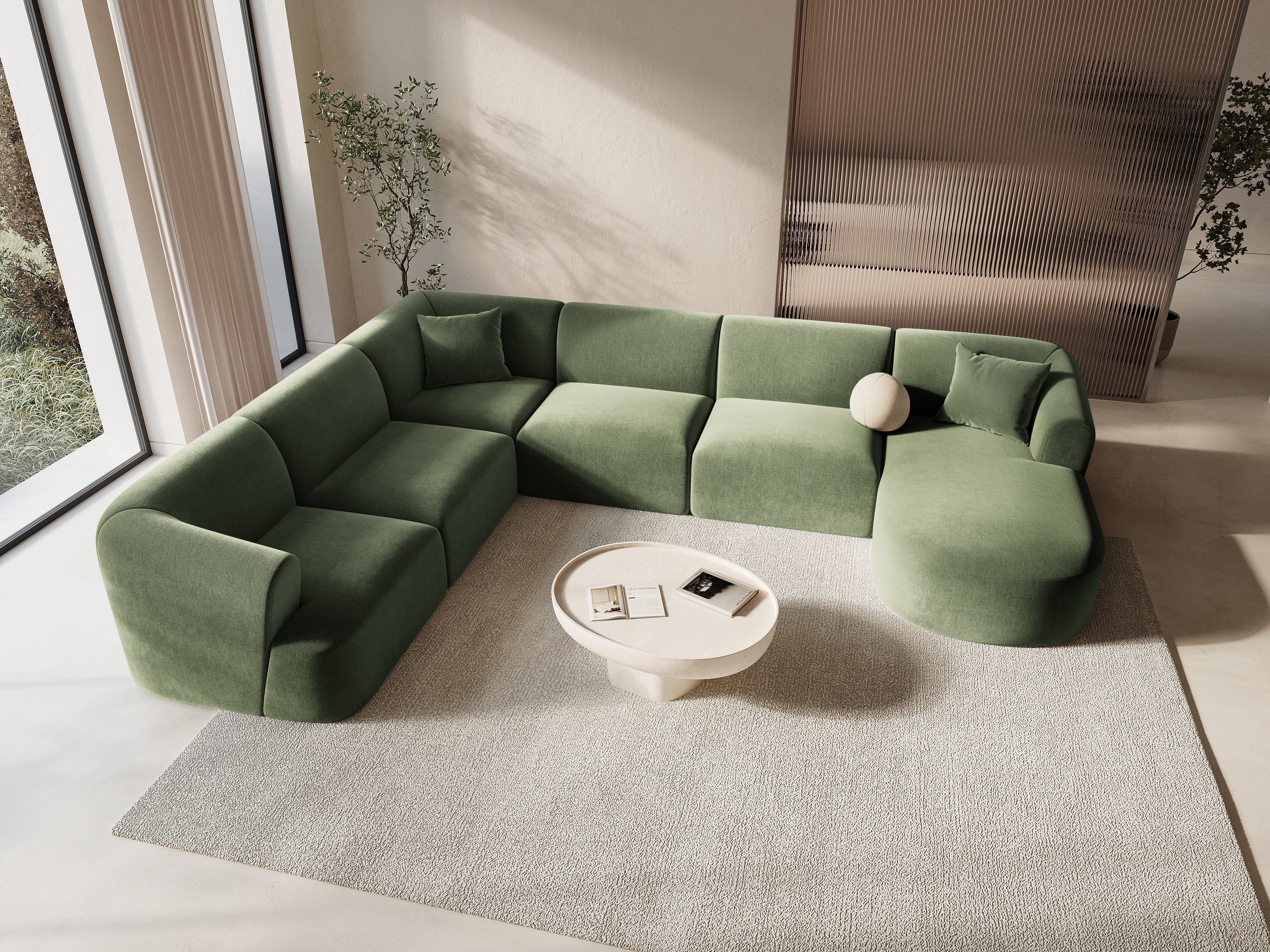 Left-sided velvet panoramic corner sofa for 7 people CAMPI green