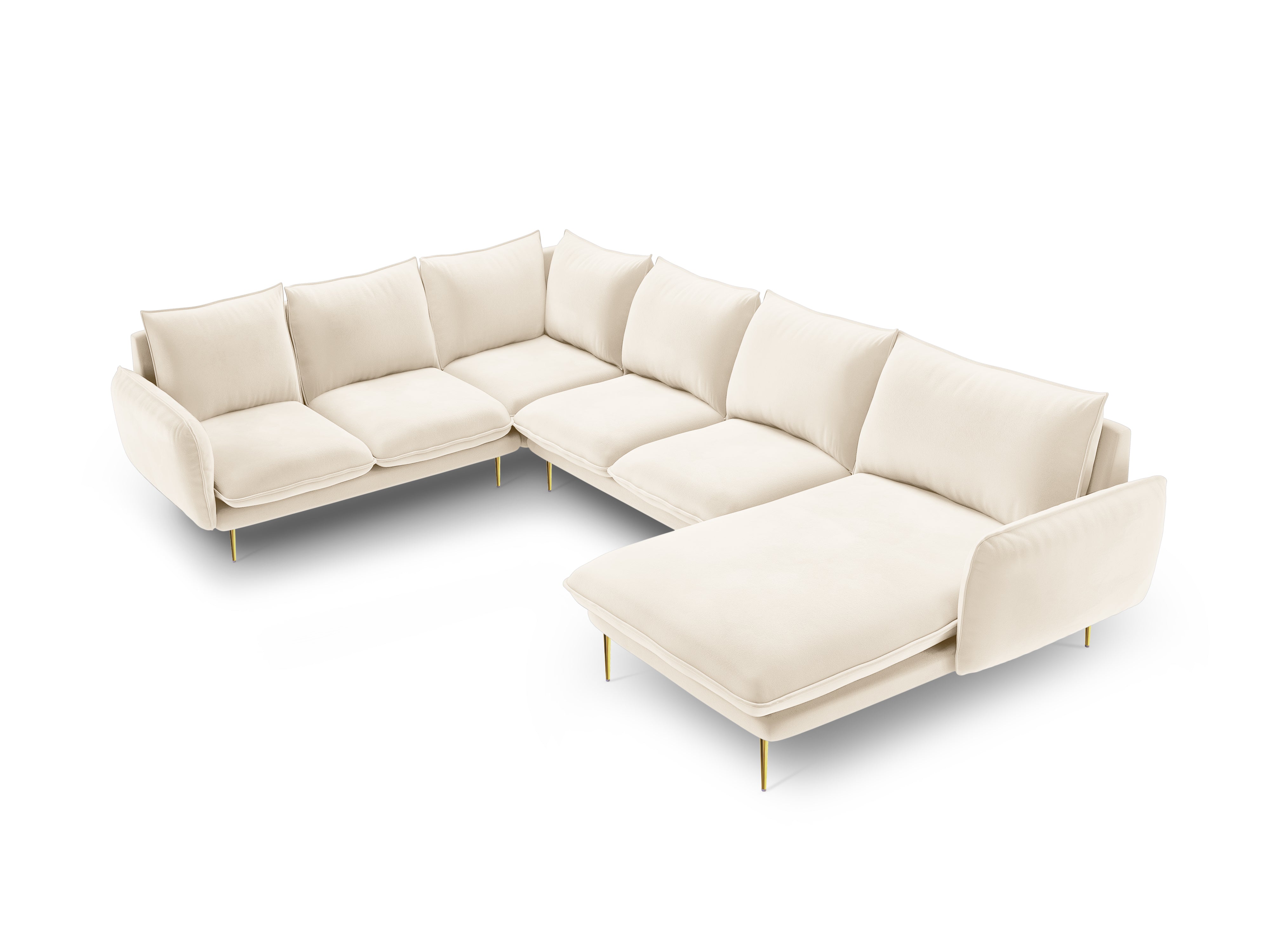 Panoramischer Samt-Ecksofa linksseitig für 7 Personen VIENNA beige mit goldenem Fuß