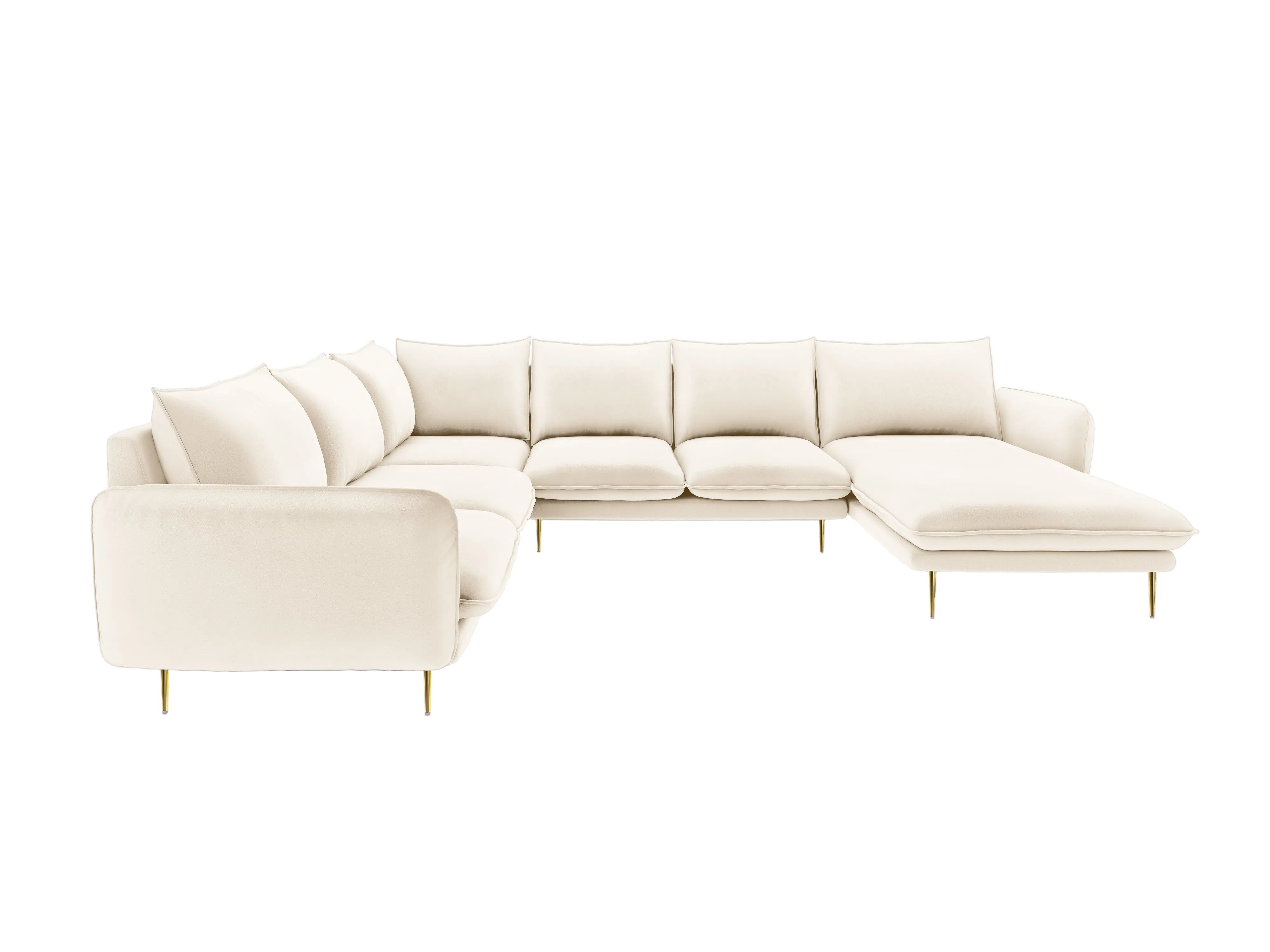 Panoramischer Samt-Ecksofa linksseitig für 7 Personen VIENNA beige mit goldenem Fuß