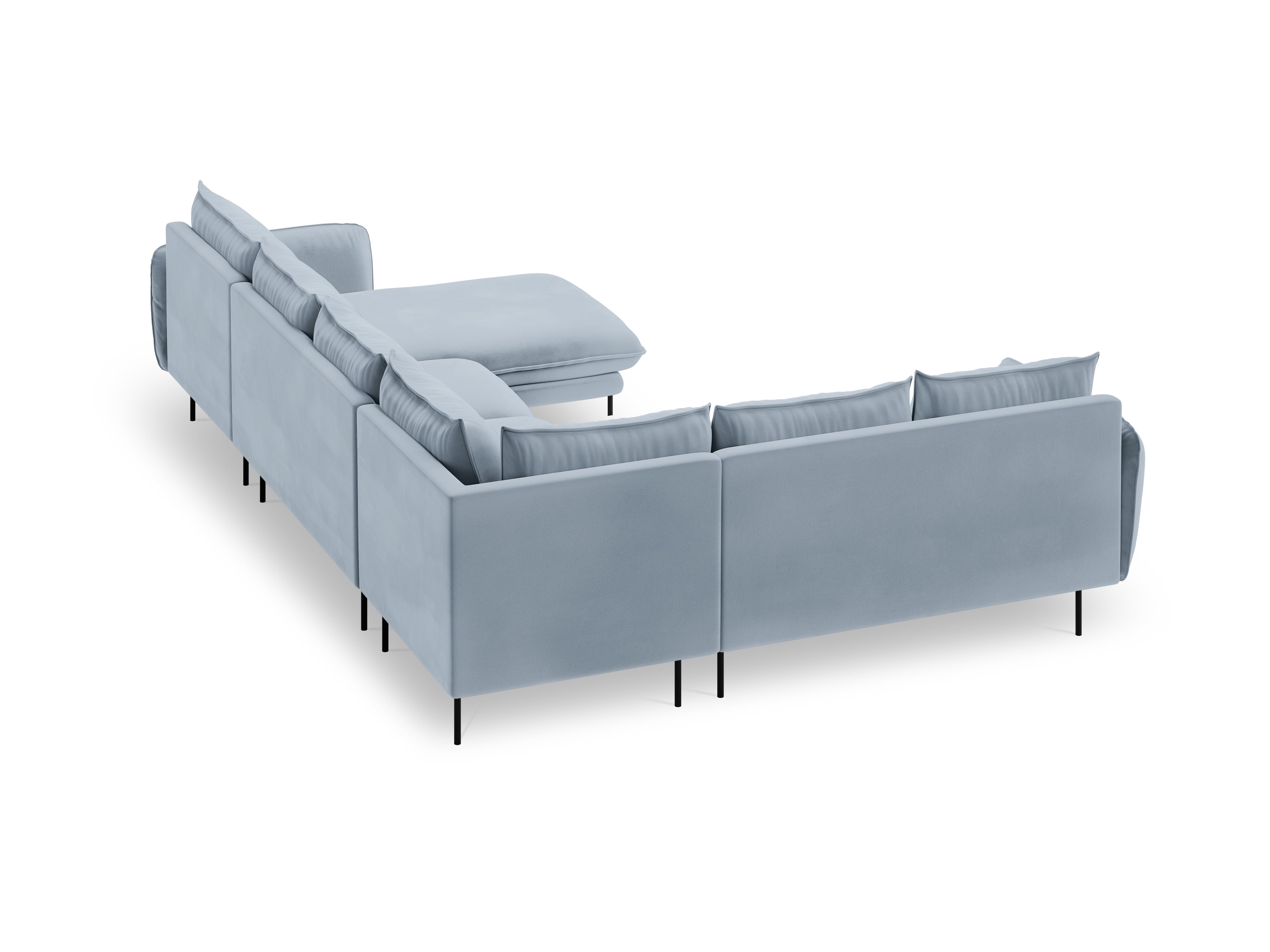 Panoramic Velvet Left-Side Corner Sofa for 7 People VIENNA Light Blue with Black Base
