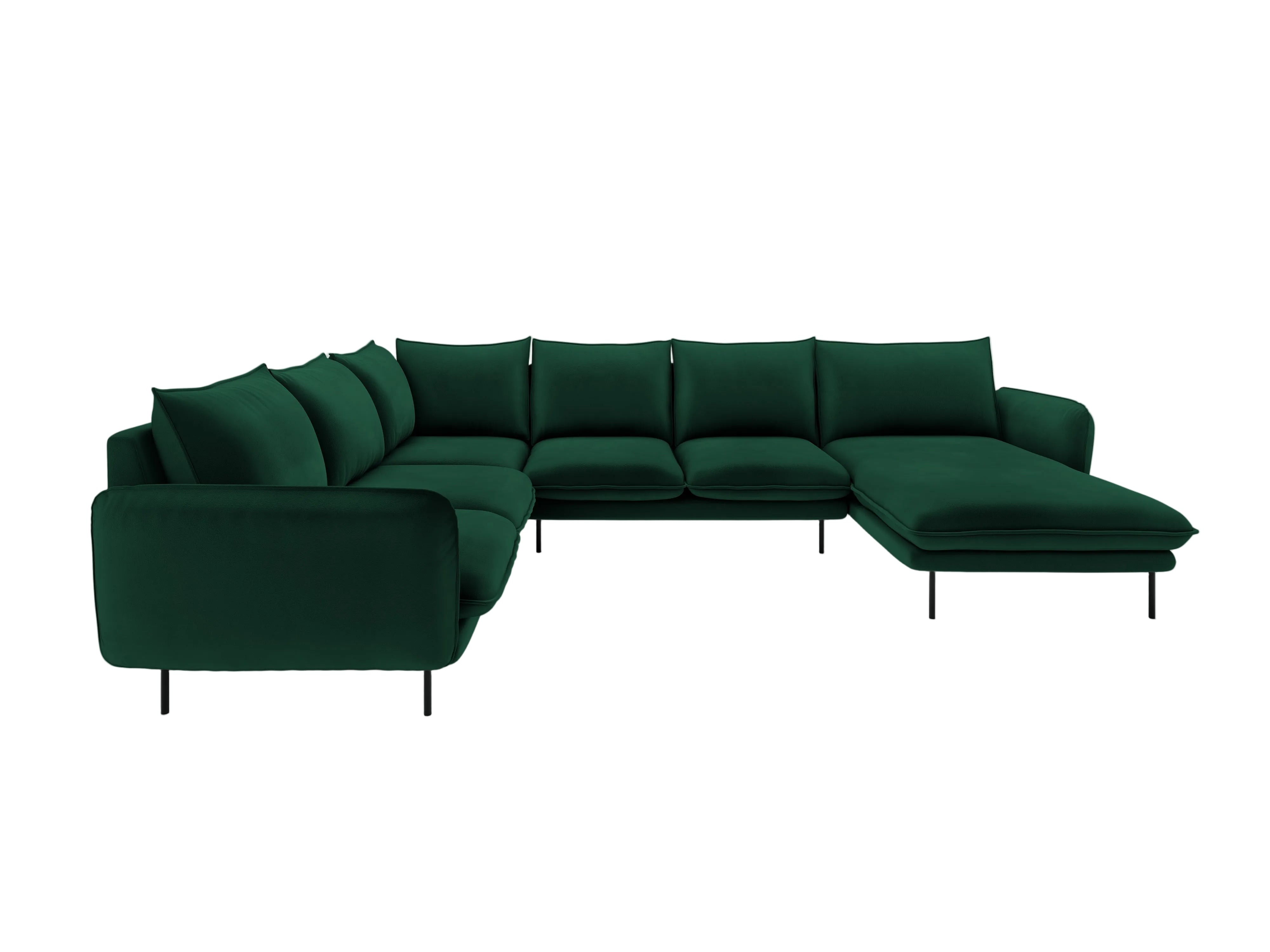 Left-facing velvet panoramic corner sofa for 7 people VIENNA in bottle green with a black base