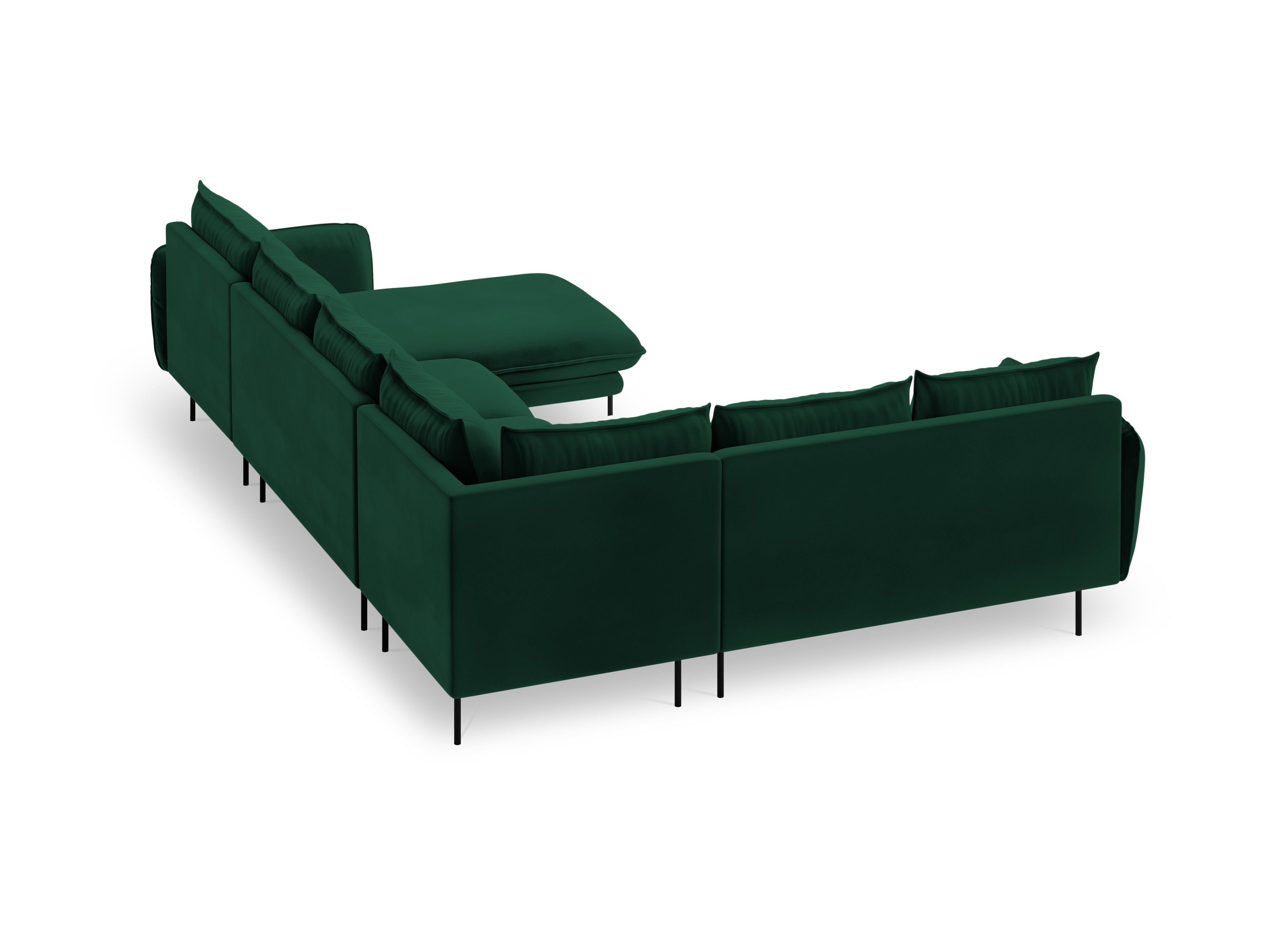 Left-facing velvet panoramic corner sofa for 7 people VIENNA in bottle green with a black base