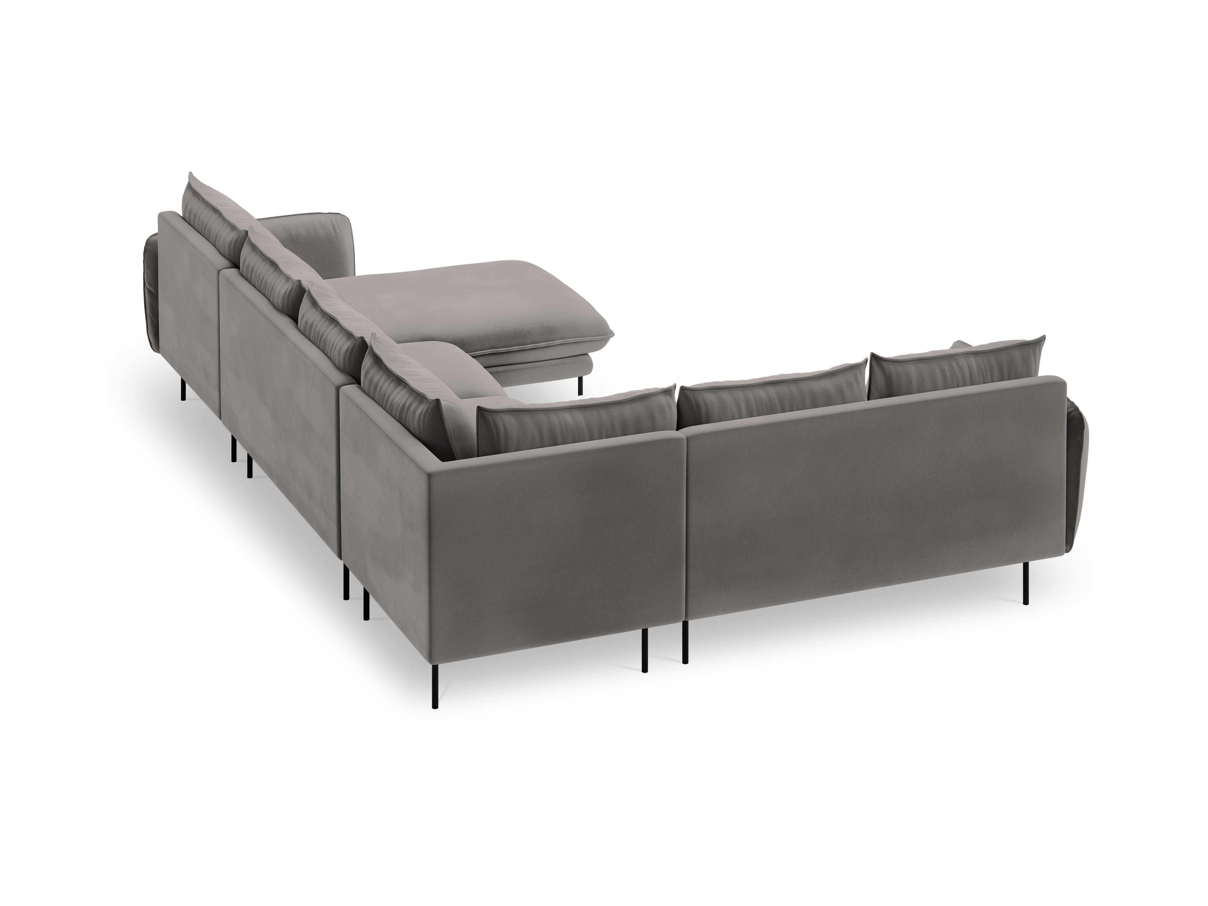 Left-facing velvet panoramic corner sofa for 7 people VIENNA in light gray with a black base