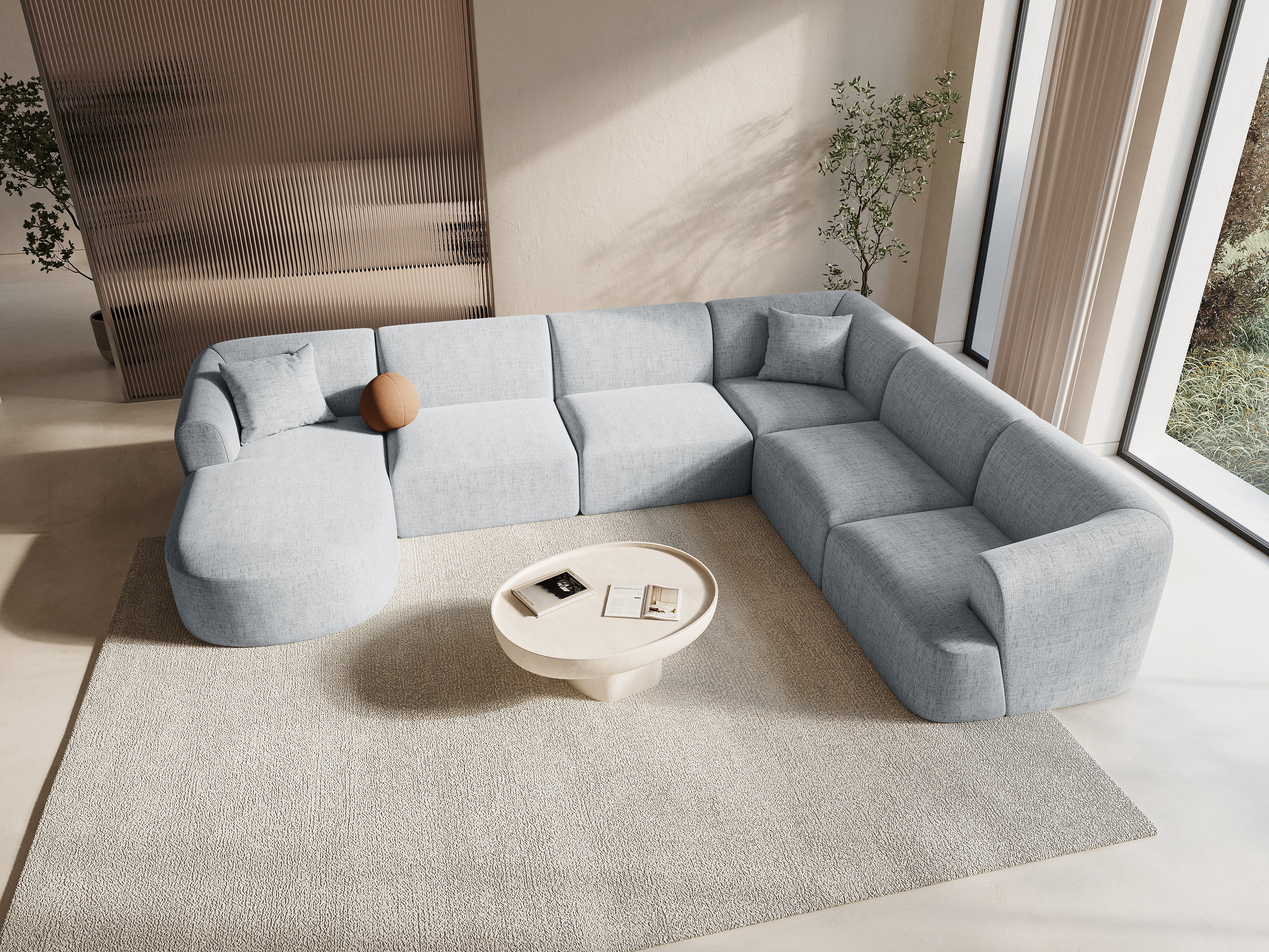 Rechthoekige panoramische hoekbank voor 7 personen CAMPI lichtgrijs chenille