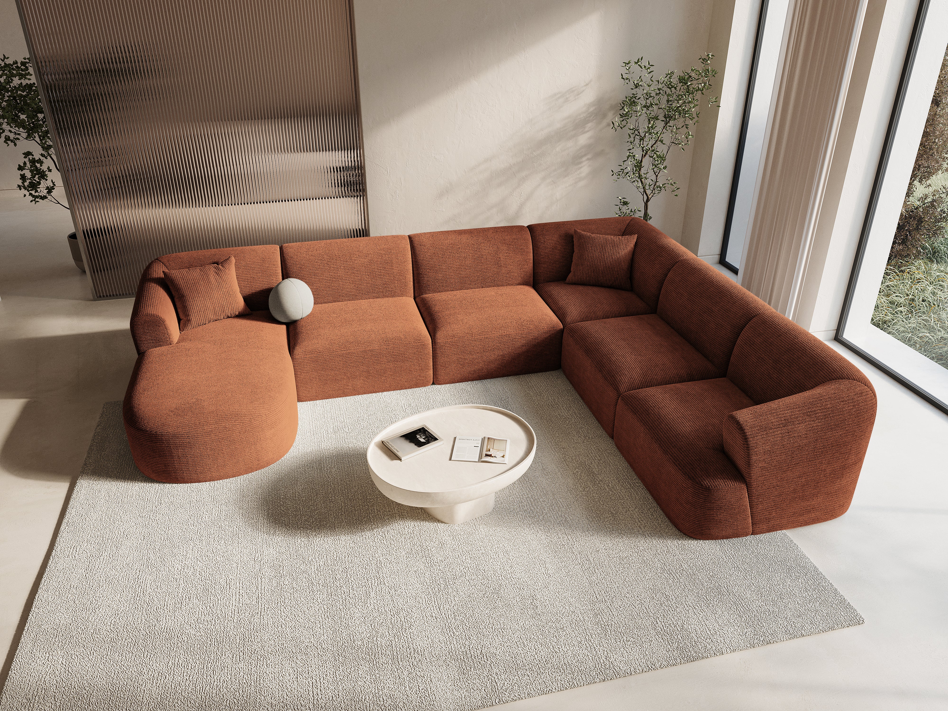 Right-sided panoramic corner sofa for 7 people CAMPI brick corduroy