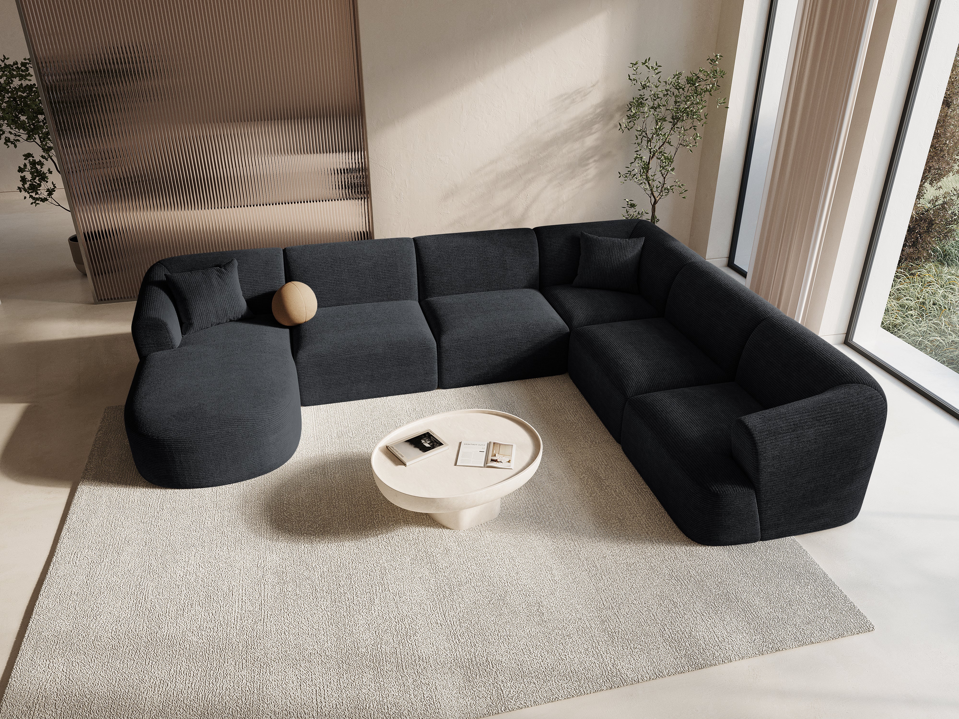 Right-sided panoramic corner sofa for 7 people CAMPI black corduroy