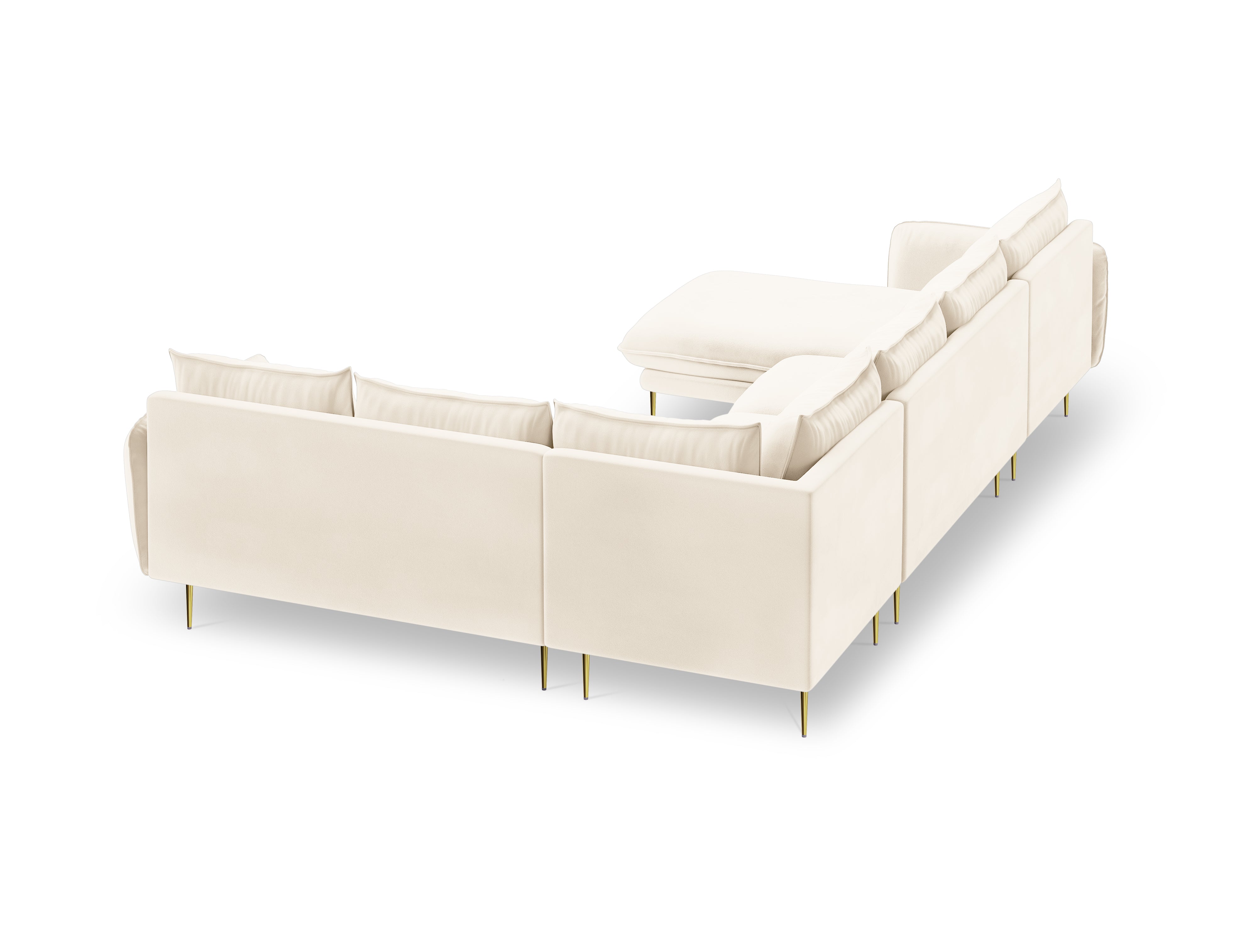 Beige velvet right-facing panoramic corner sofa for seven people VIENNA with a golden base