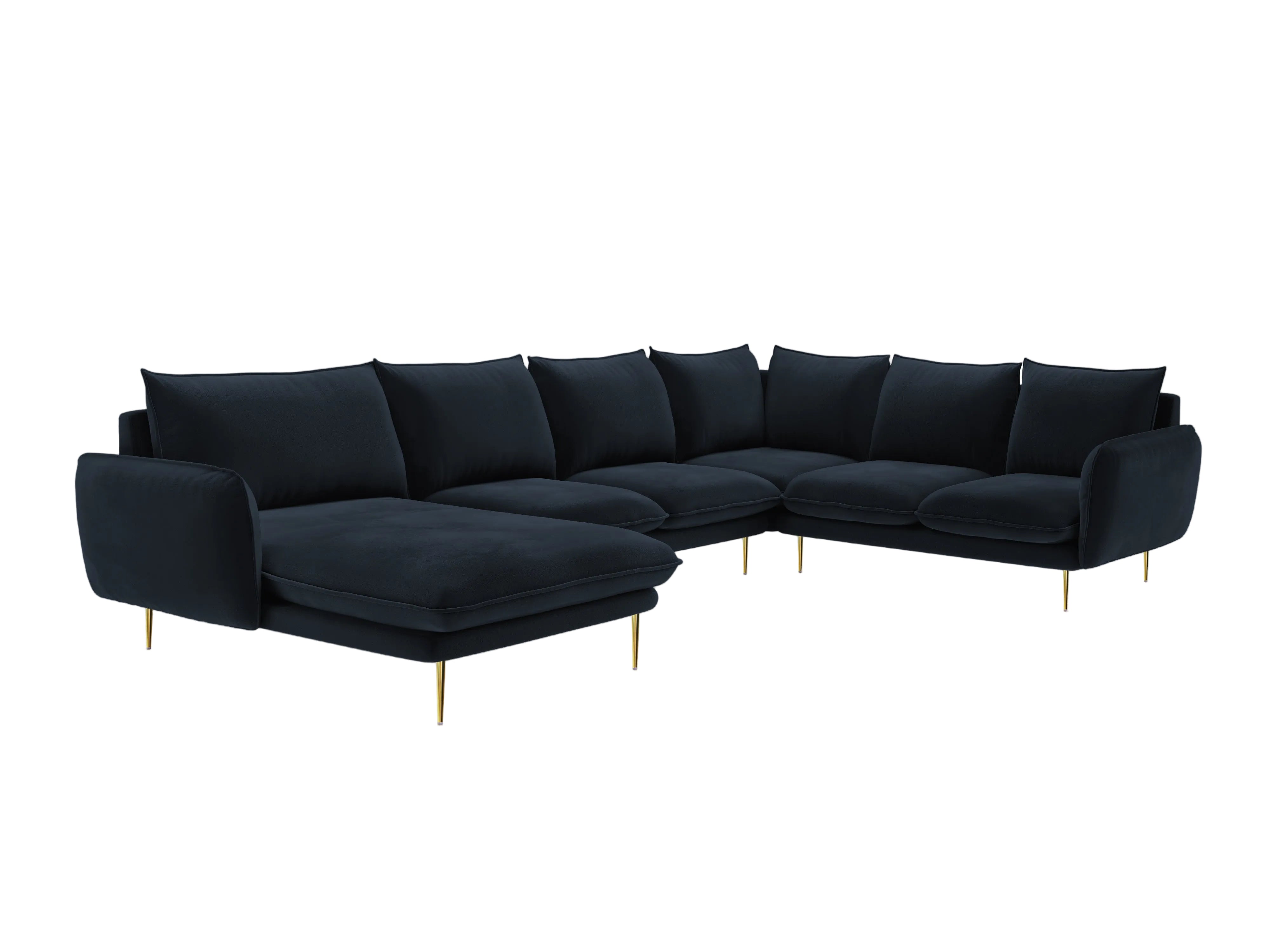 Panoramic Velvet Corner Sofa Right-Handed 7-Seater VIENNA Dark Blue with Gold Base