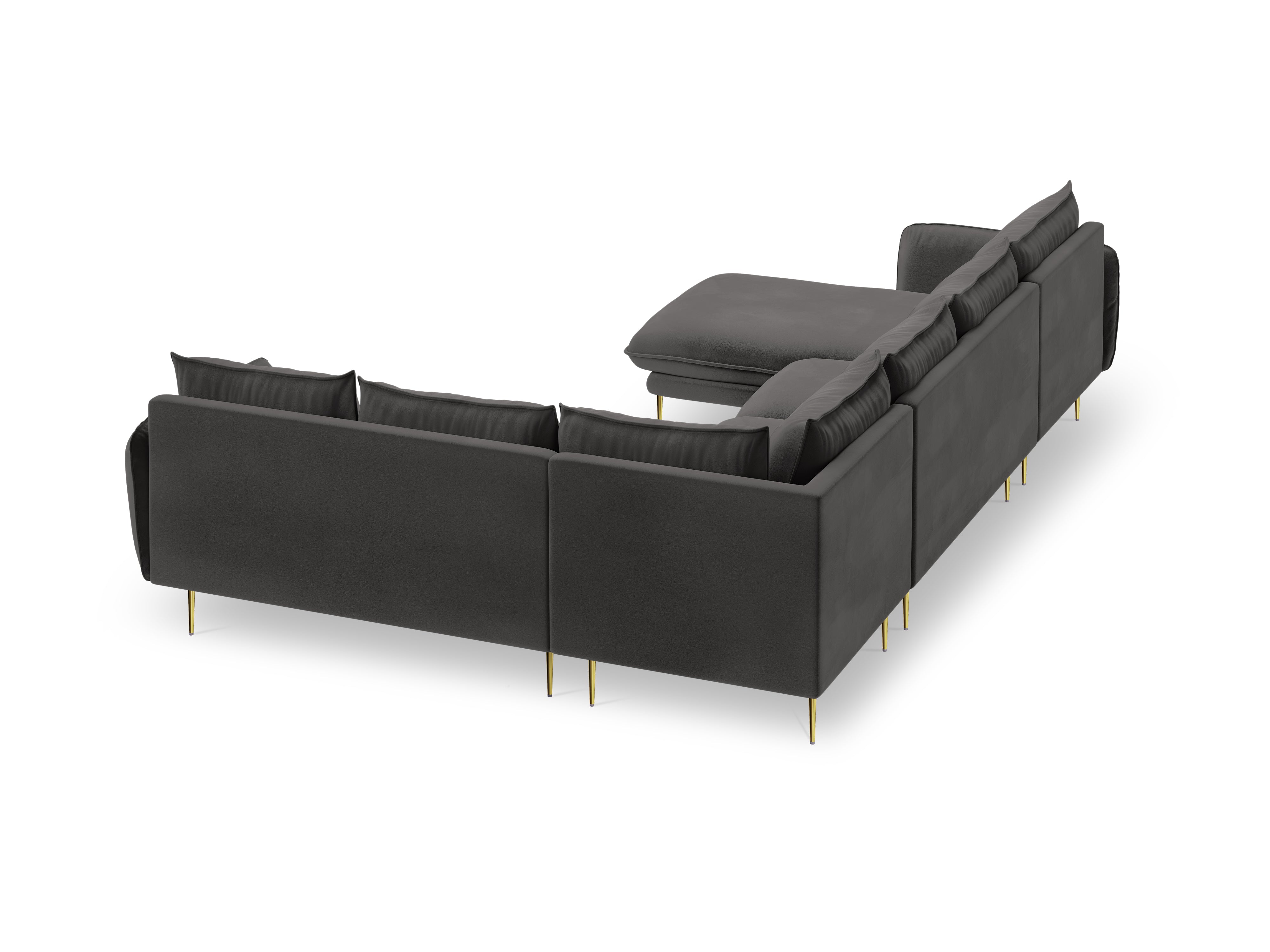 Panoramic Velvet Corner Sofa for 7 People, Right Side, VIENNA, Dark Gray with Gold Base