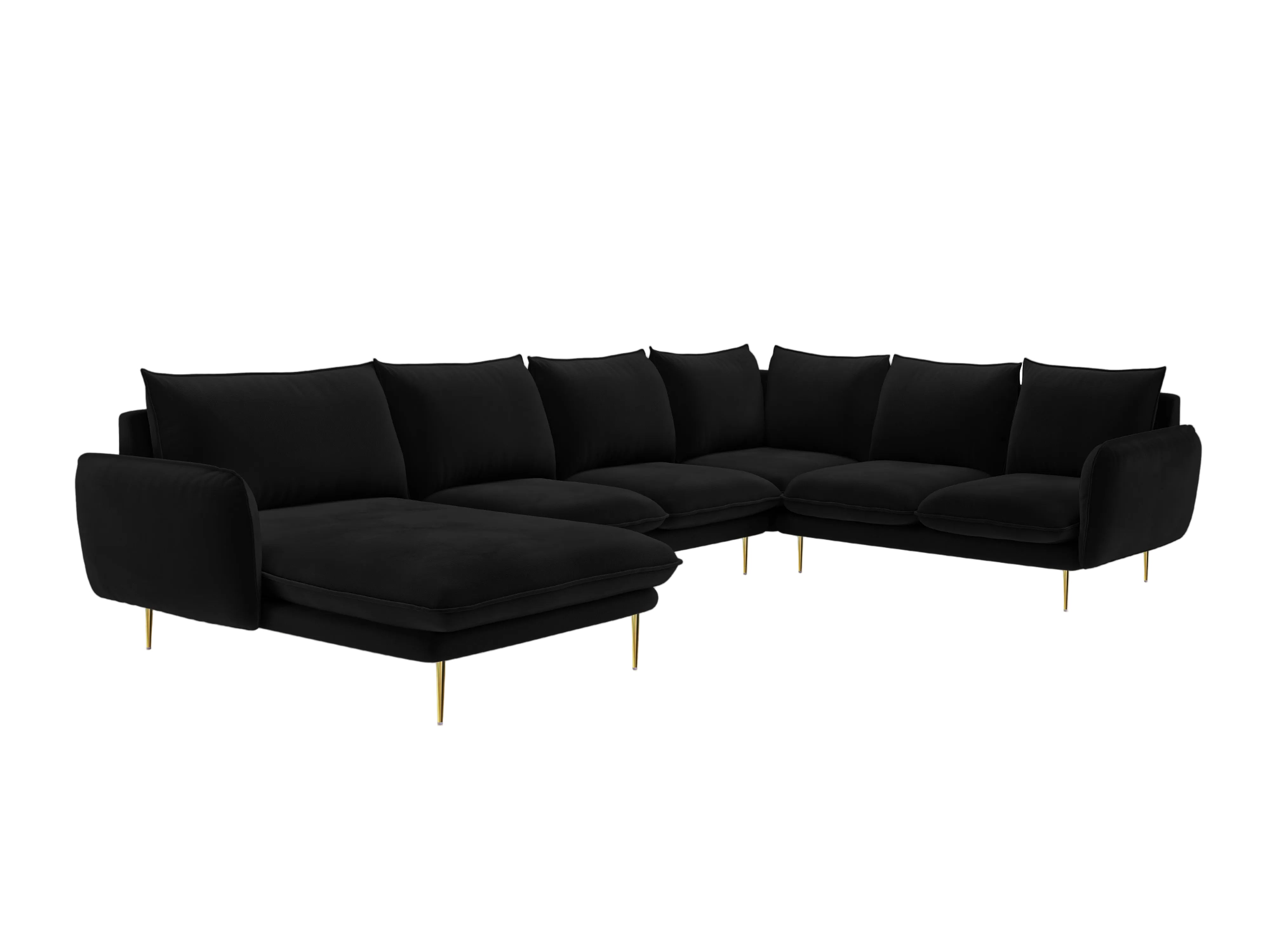 Panoramic Velvet Corner Sofa Right-Handed 7-Seater VIENNA Black with Gold Base