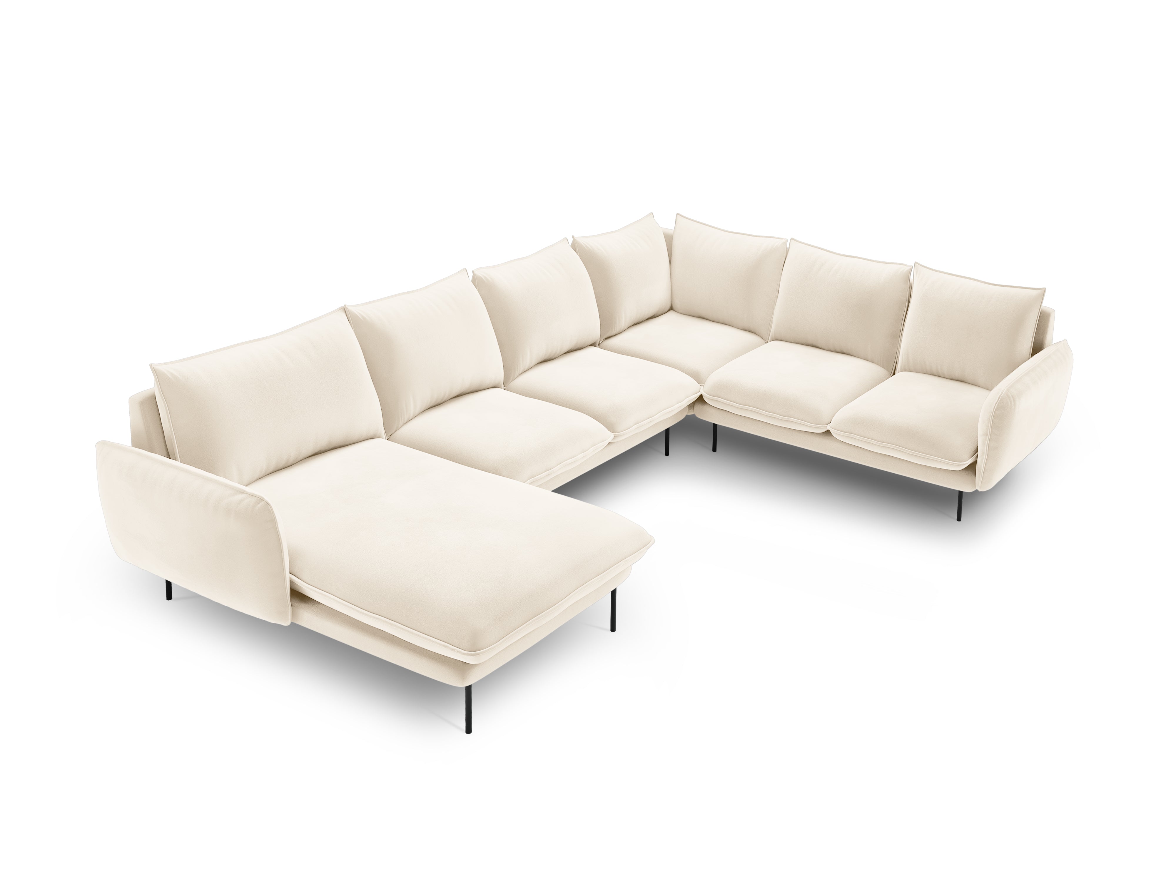 Beige right-facing velvet panoramic corner sofa for seven people VIENNA with a black base