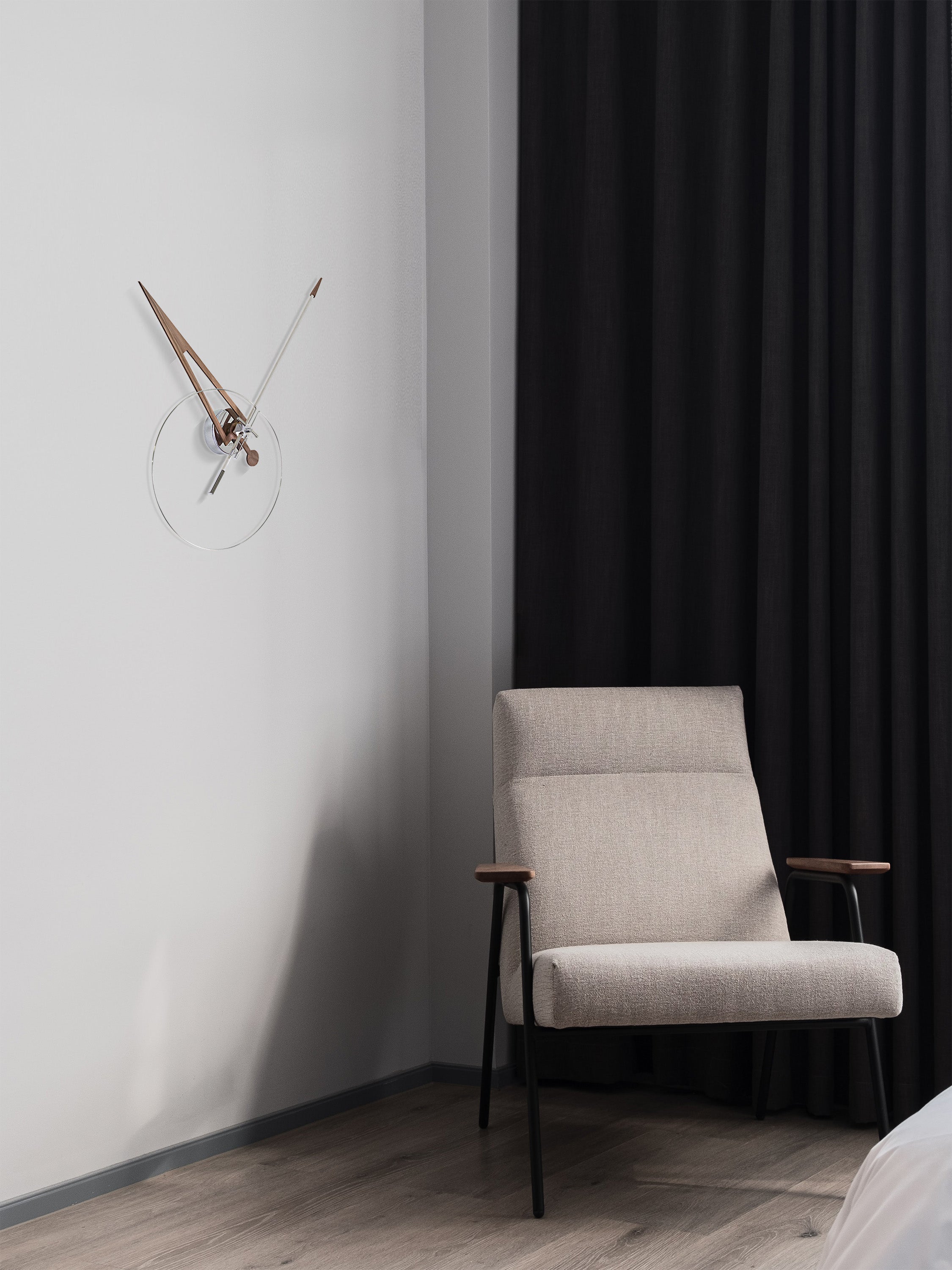 Wall clock CRIS walnut wood with chrome and white finish