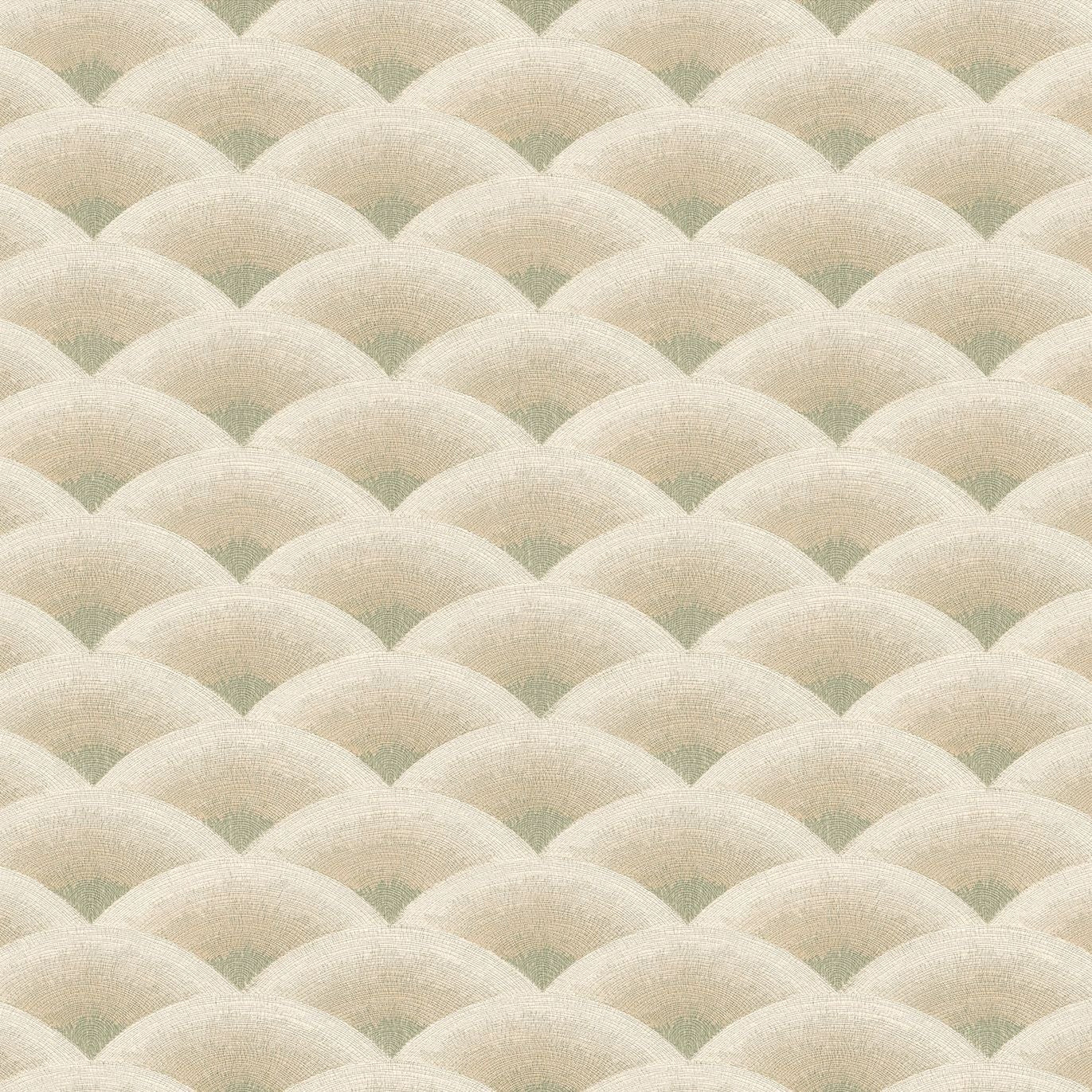 Structural wallpaper imitating geometric embroidery in wave pattern NAMI - SABLE/EUCALYPTUS sandy beige with green