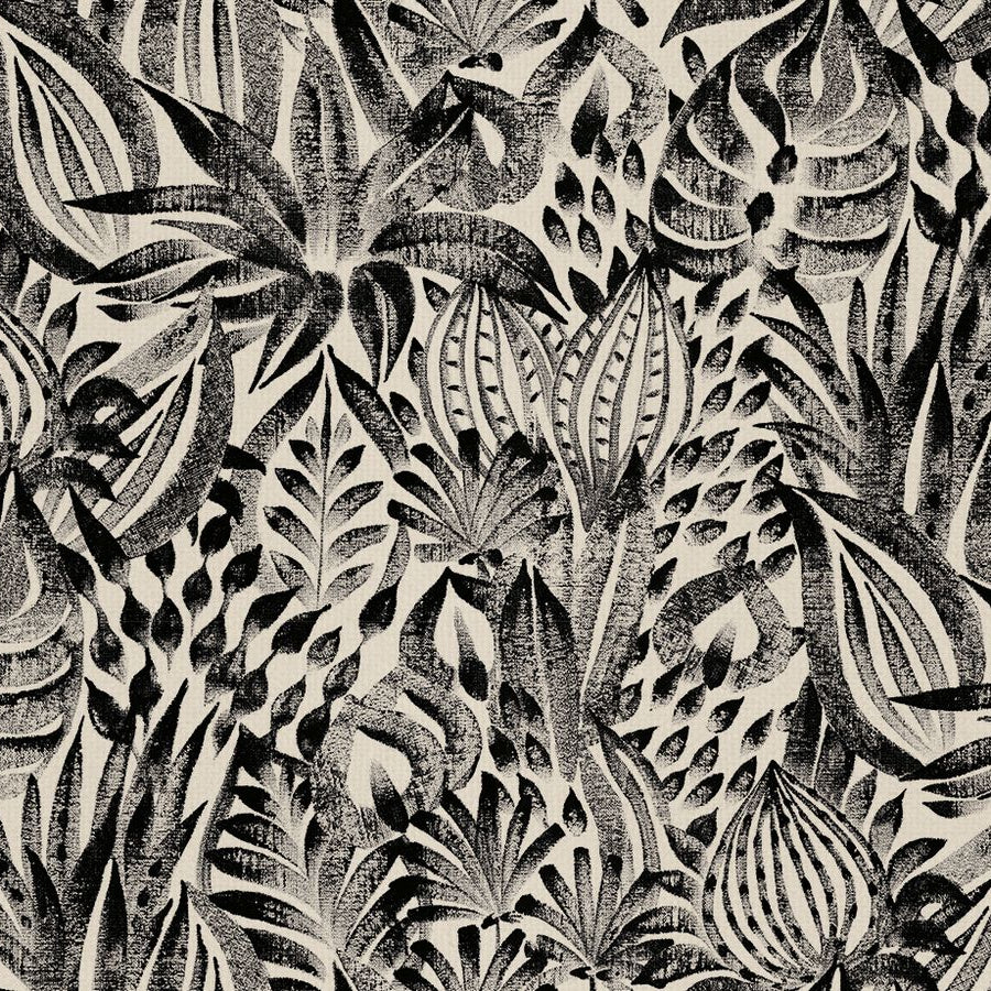 Textile wallpaper with a floral and leaf pattern FOLIAGE - NOIR black