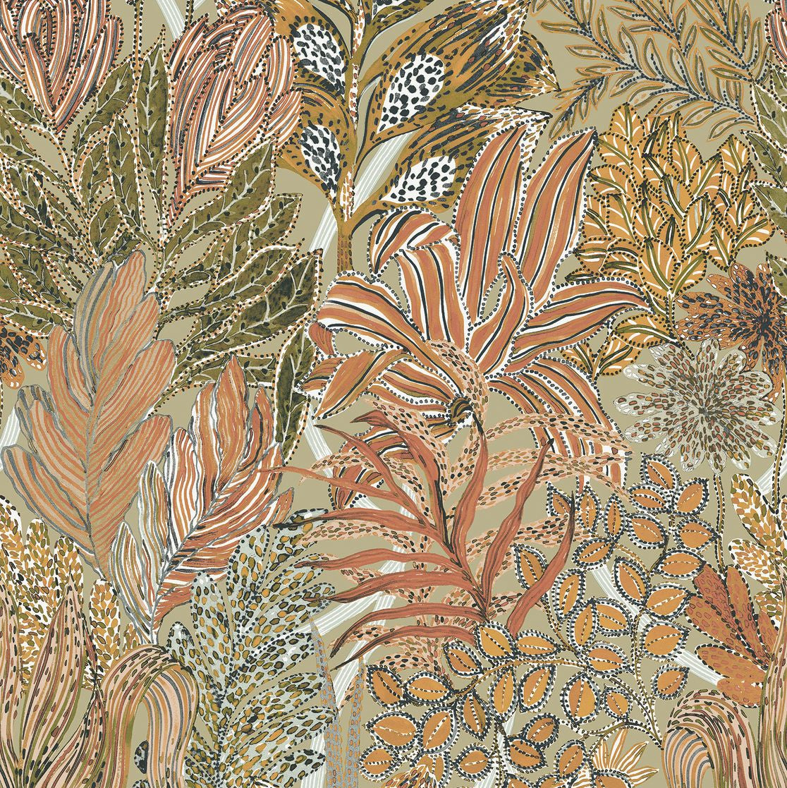 Tapete mit tropischem Pflanzenmotiv BORROMMEE - LICHEN/TERRE DE SIENNE olivgrün mit Bronze