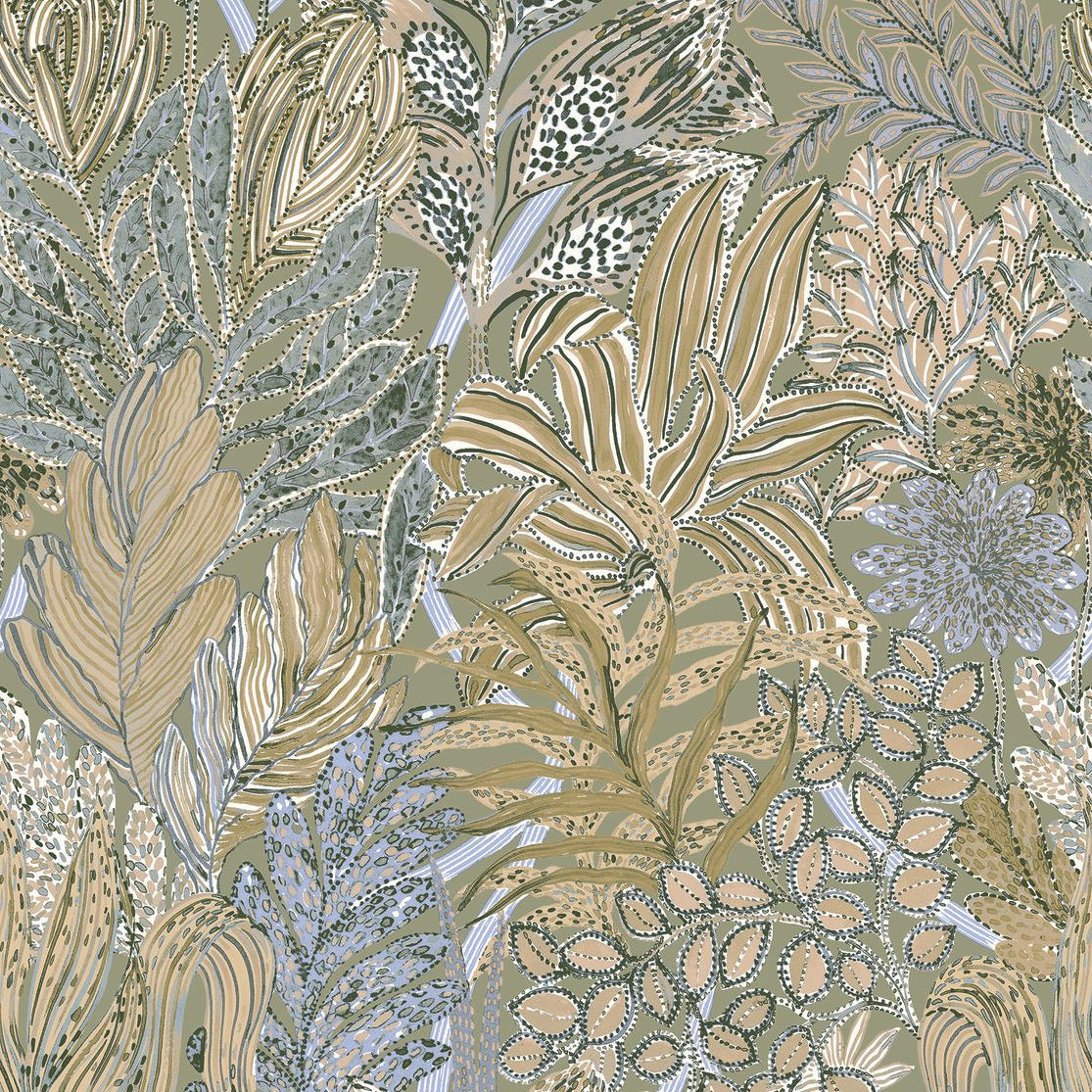 Tapete mit tropischem Blattmotiv BORROMMEE - SAUGE/LILAS beige mit lilafarbenen Akzenten