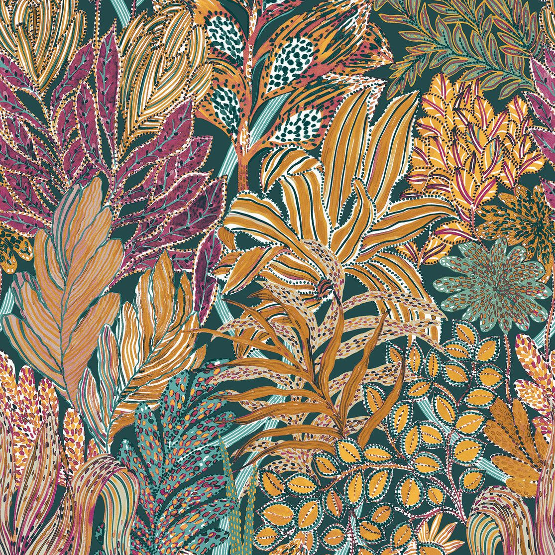 Tropical Leaf Pattern Wallpaper BORROMMEE - PETROLE/MULTICO turquoise with green