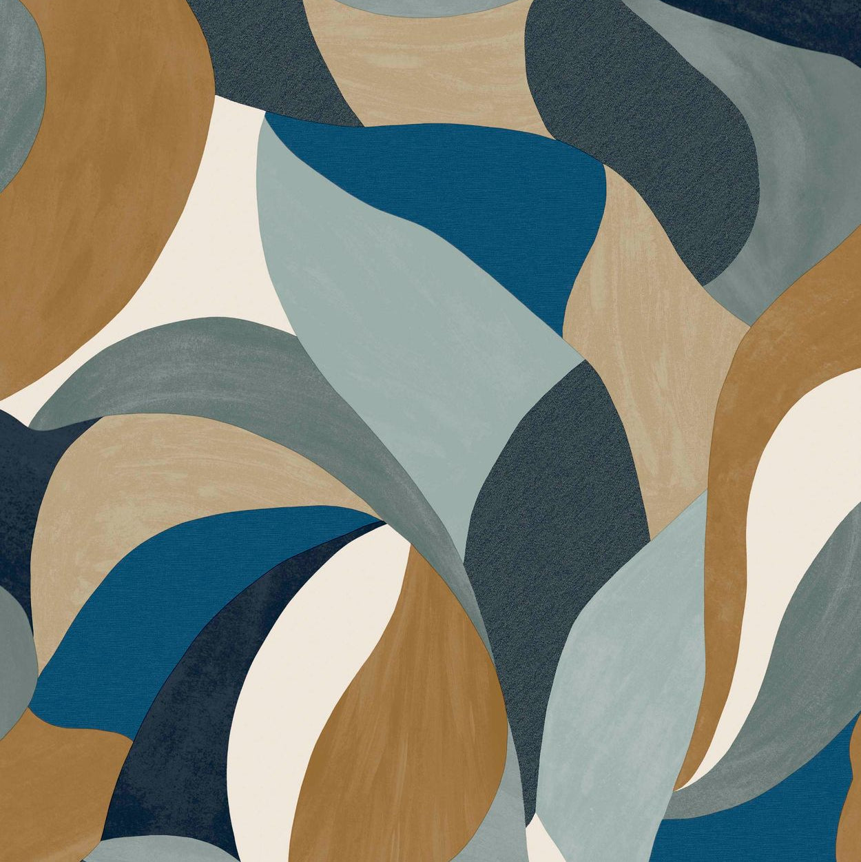 Abstract plant motif wallpaper in MANDORLA leaves - PIERRE BLEUE/CAMEL blue with brown