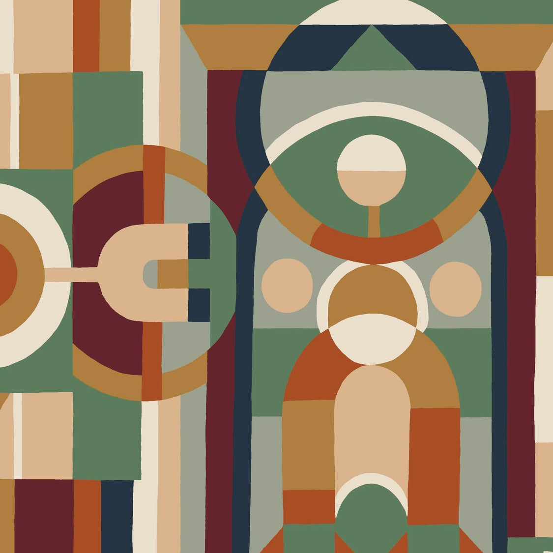 Stained Glass Geometric Pattern Wallpaper VITRAIL - MULTICO Orange with Green and Burgundy