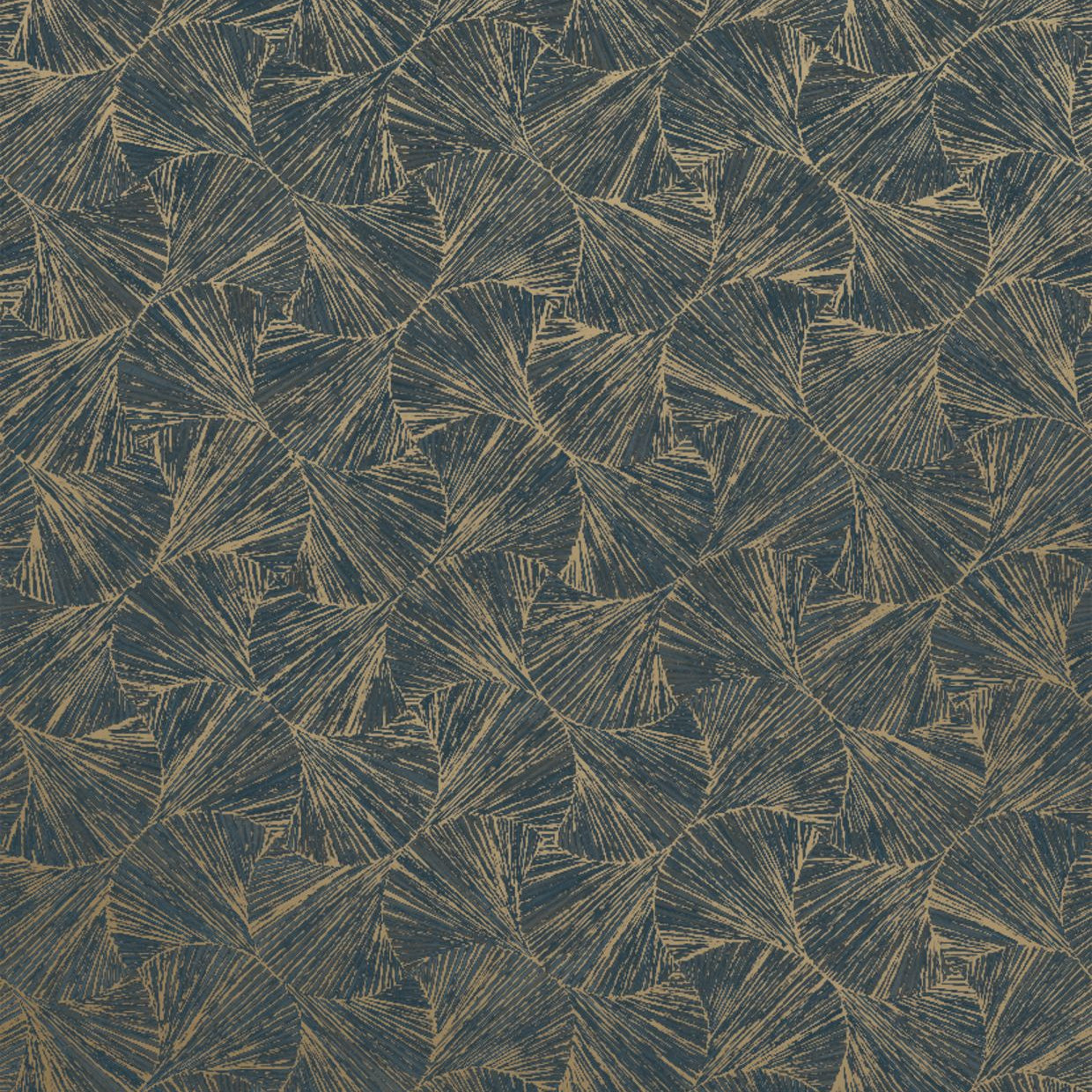 Metallic textured wallpaper with a plant leaf motif SONGKET - ORAGE/DORÉ navy blue with gold