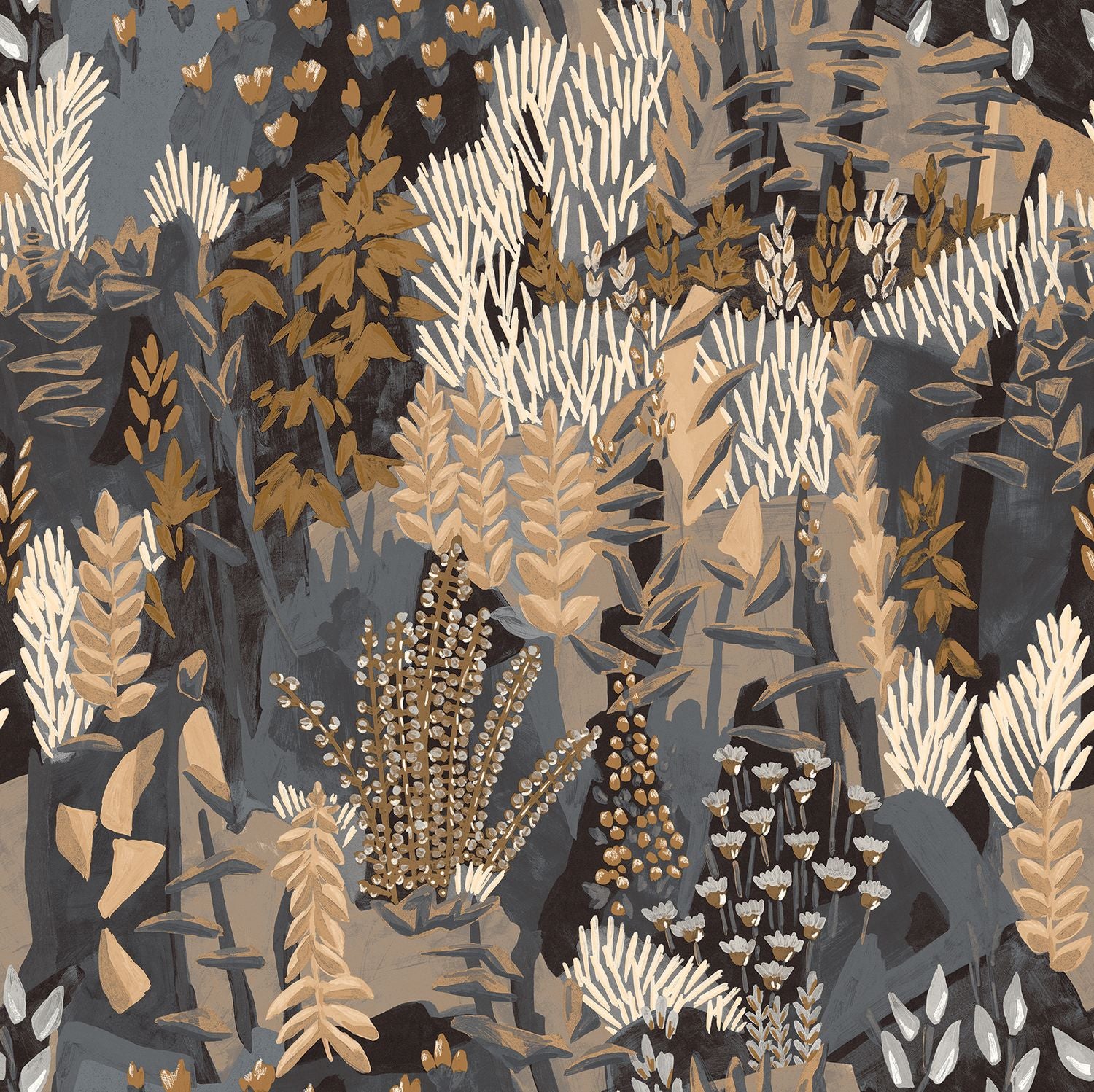 Behang met een plantmotief van bladeren en bloemen ERICA - ANTHRACITE/SABLE warm antraciet