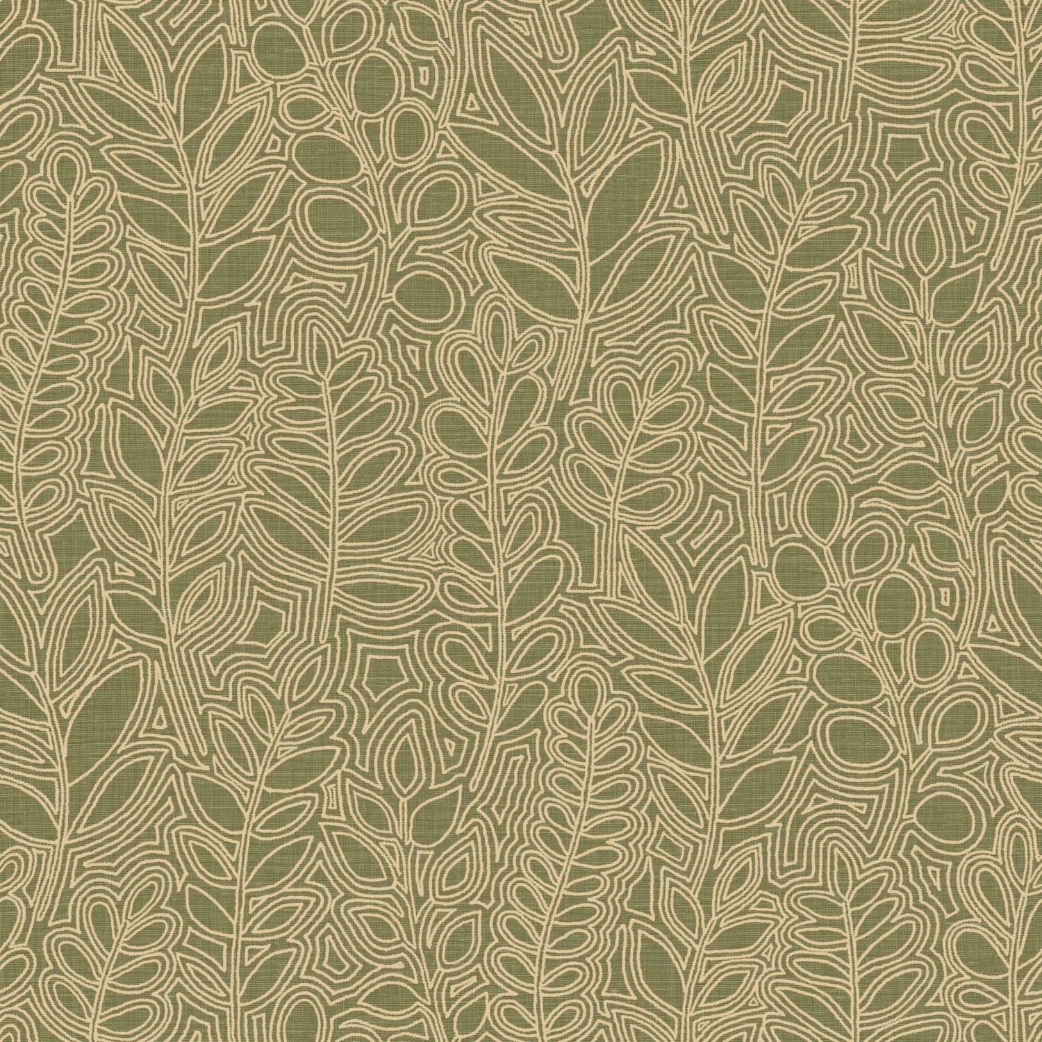 Wallpaper with a plant motif of leaves resembling embroidery ASTRAGALE - DARK GREEN KAKI