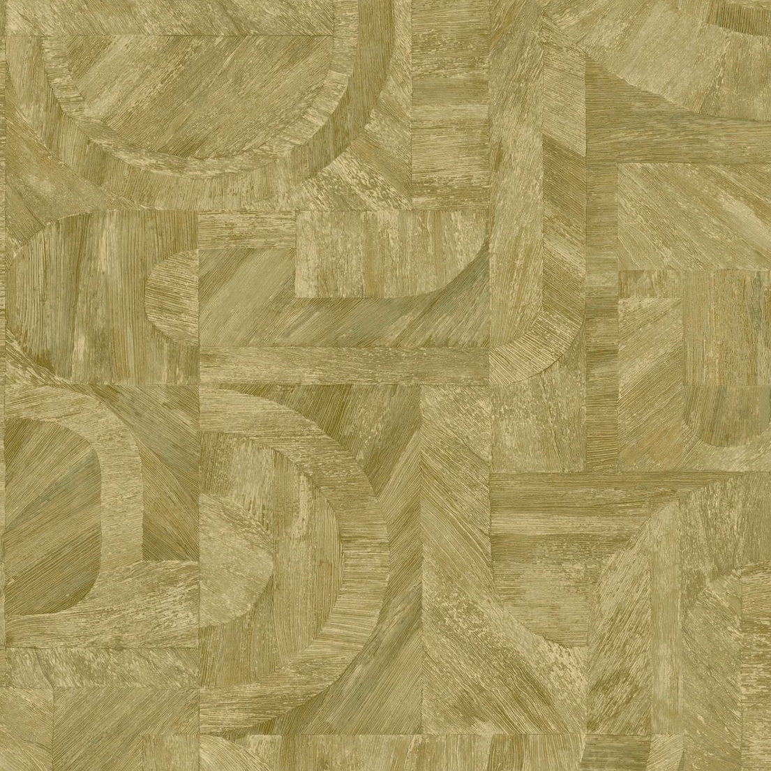 Geometrische structuurbehang dat hout imiteert met mozaïekpatroon INTARSIA - CACTUS olijfgroen